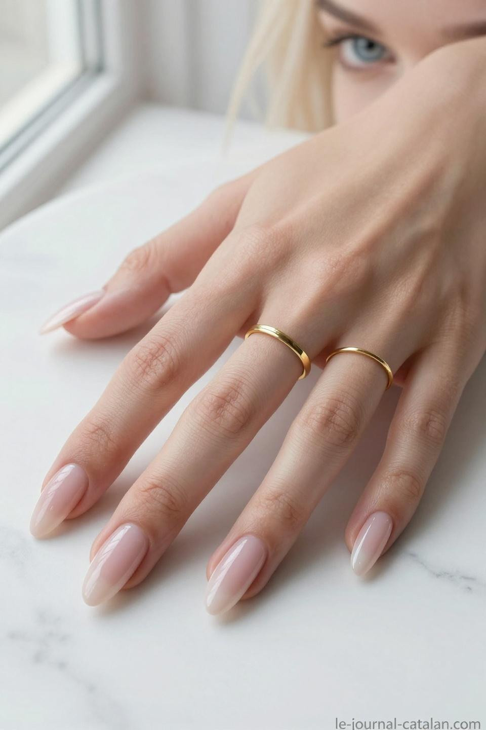 Trending Almond Nails featuring French tips with rose gold accent details