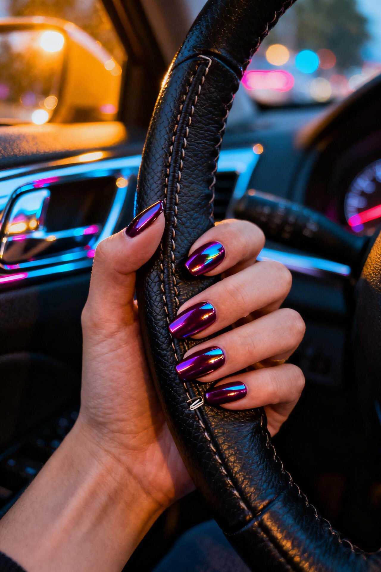 Purple cat eye nails chrome almond design