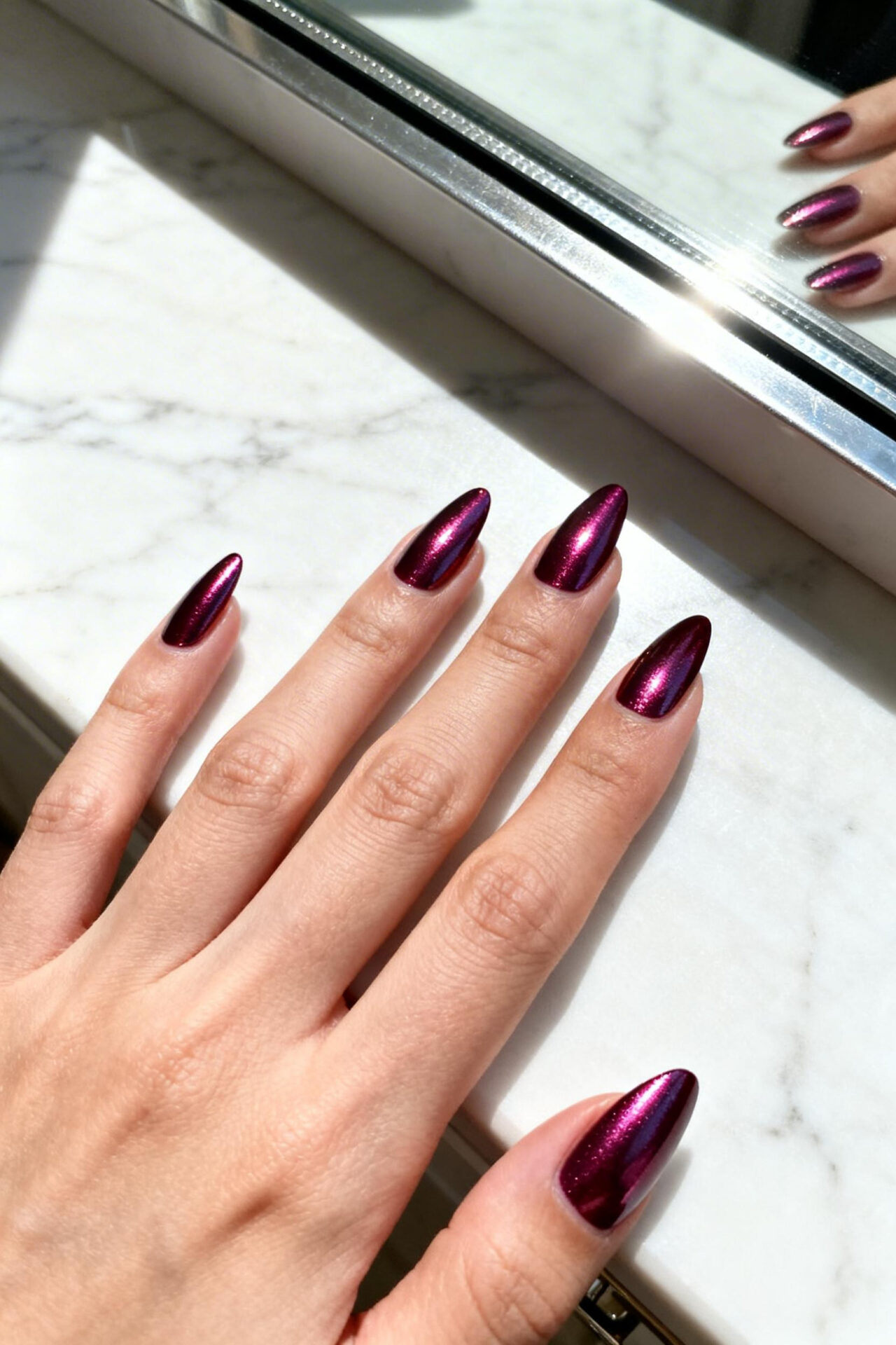 Purple cat eye nails chrome almond short