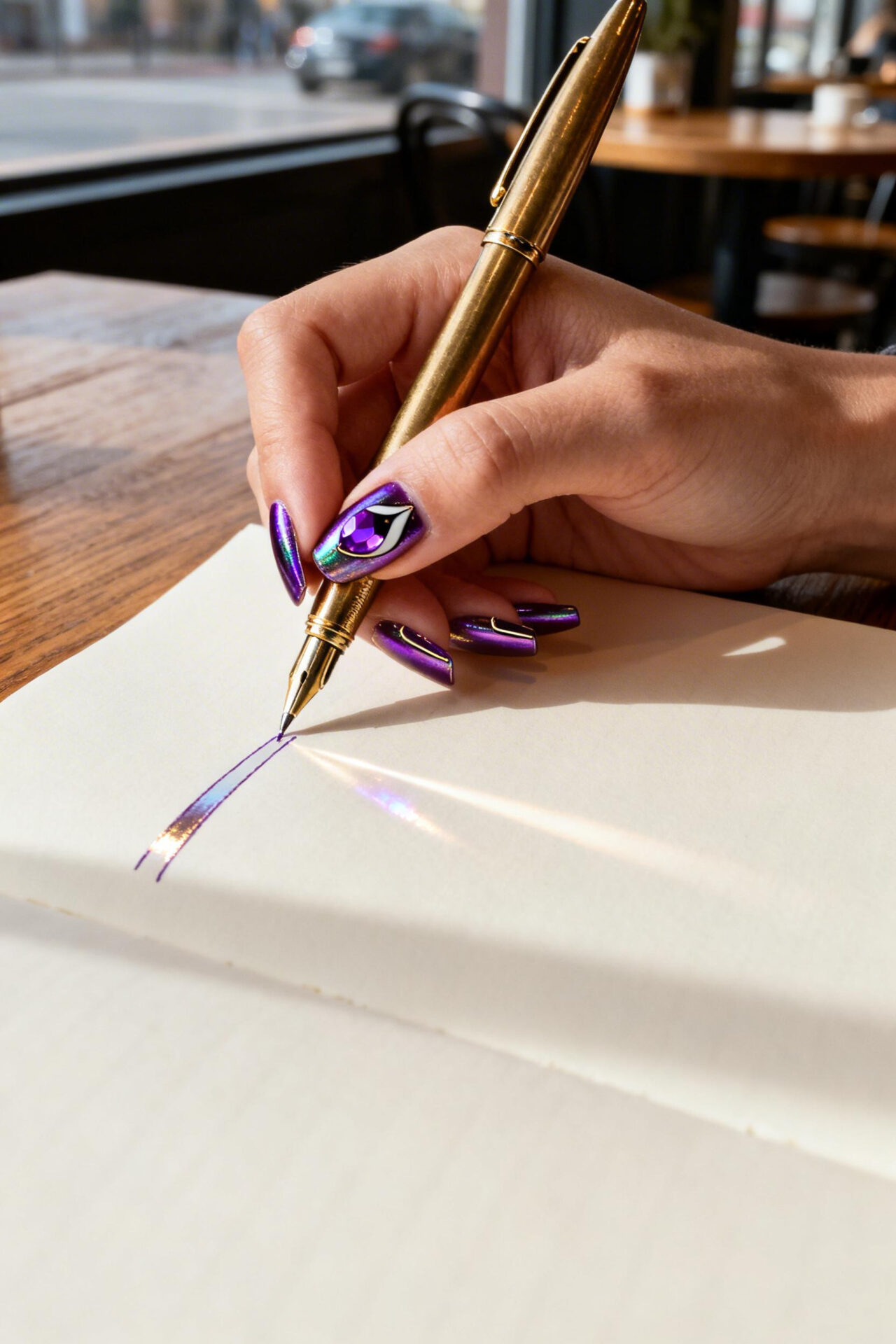 Purple cat eye nails coffin acrylic