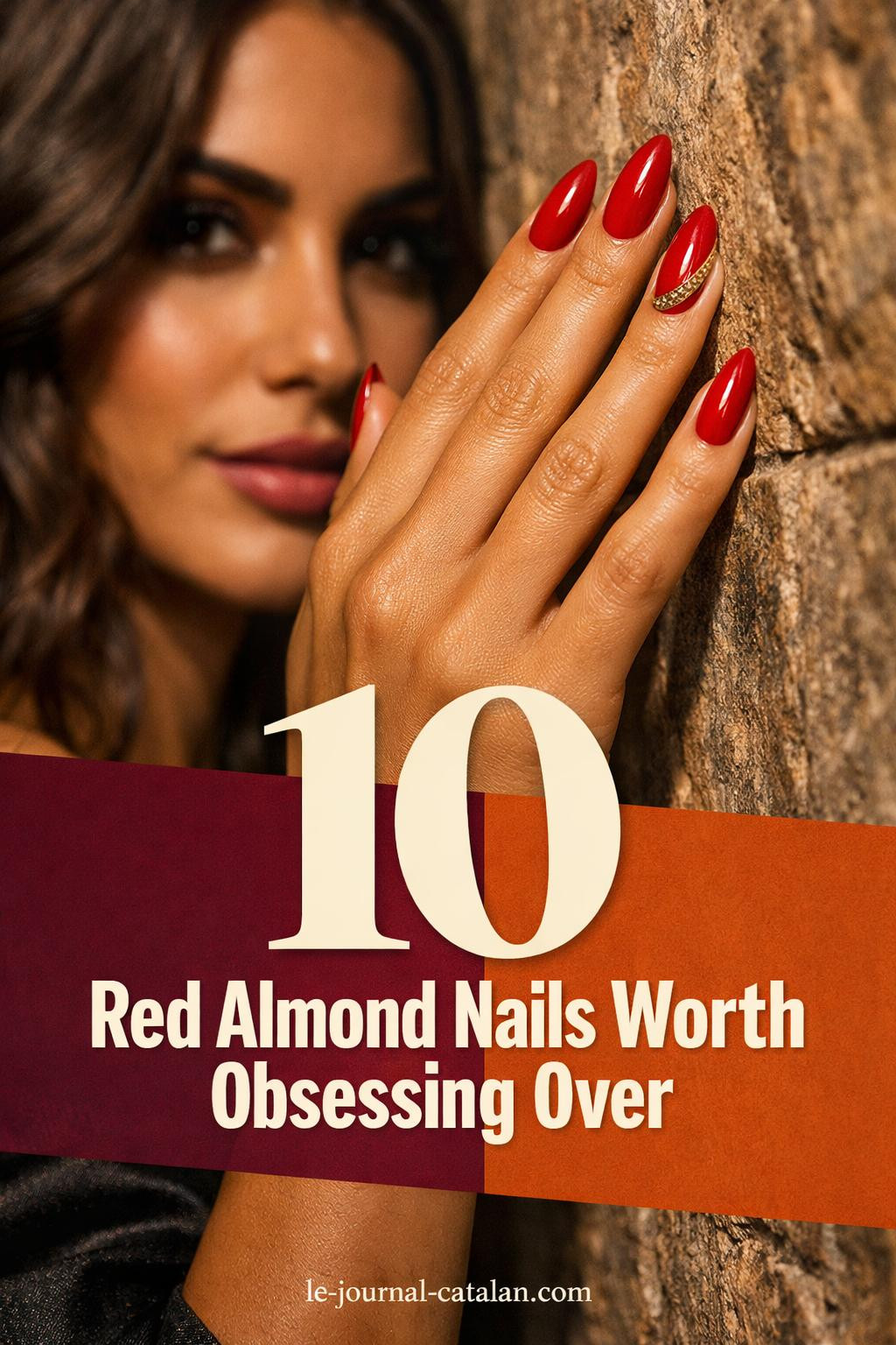 Stunning cherry red glossy manicure with gold accent details on almond-shaped nails against contemporary backdrop