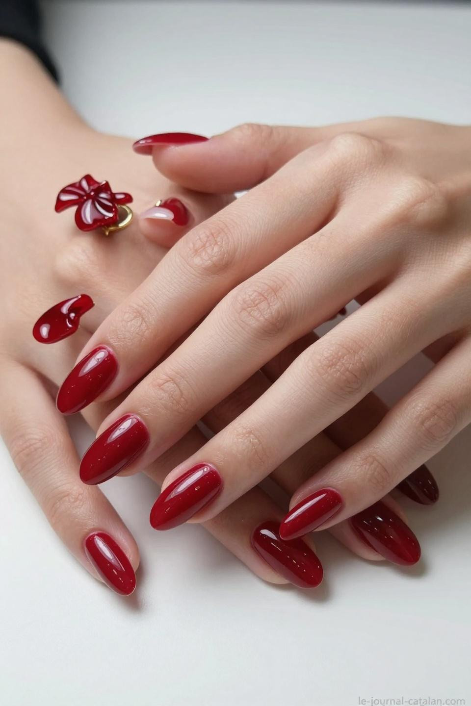 Red Almond Nails abstract gold foil art cherry red artistic manicure