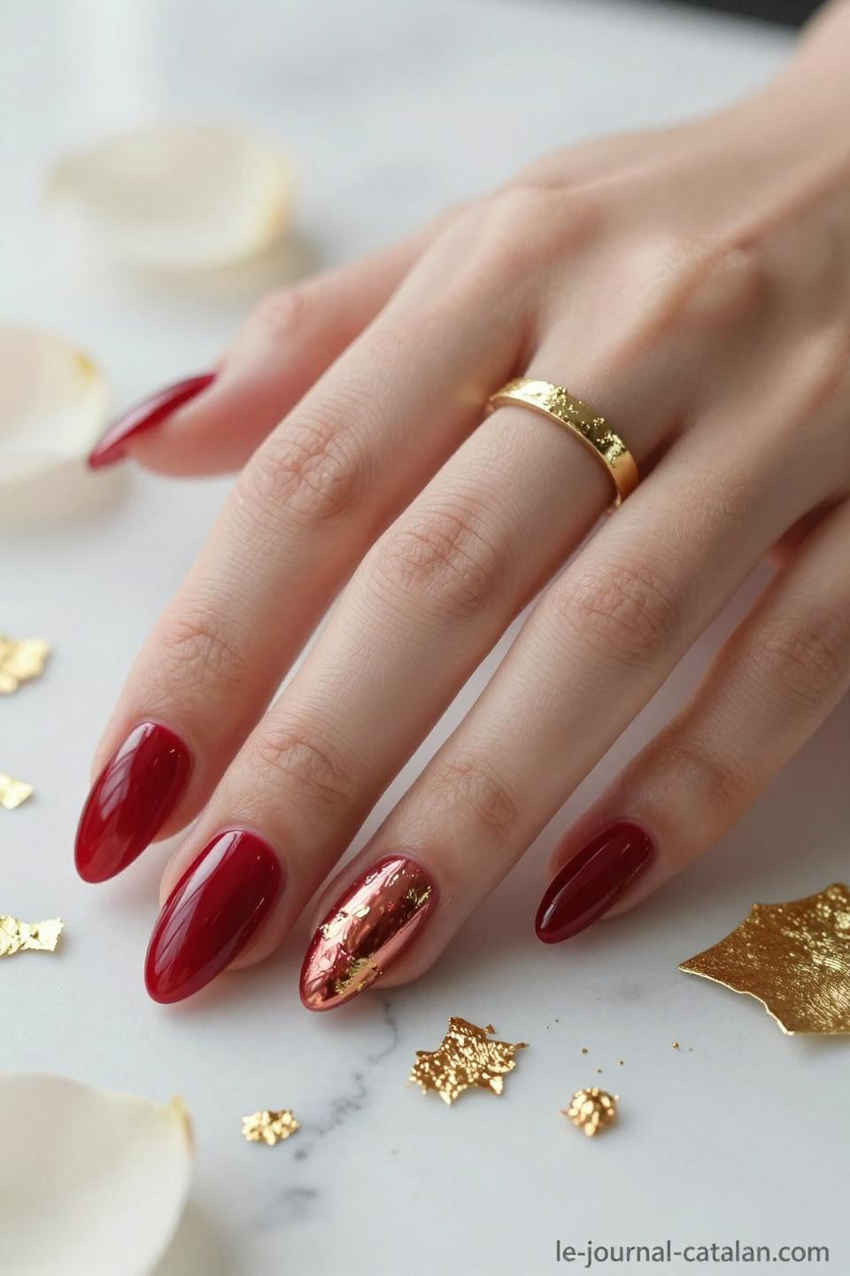 Red Almond Nails chrome finish reflective cherry red metallic manicure