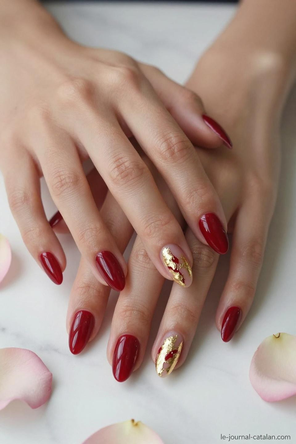 Red Almond Nails rose gold foil accent romantic nail art cherry red