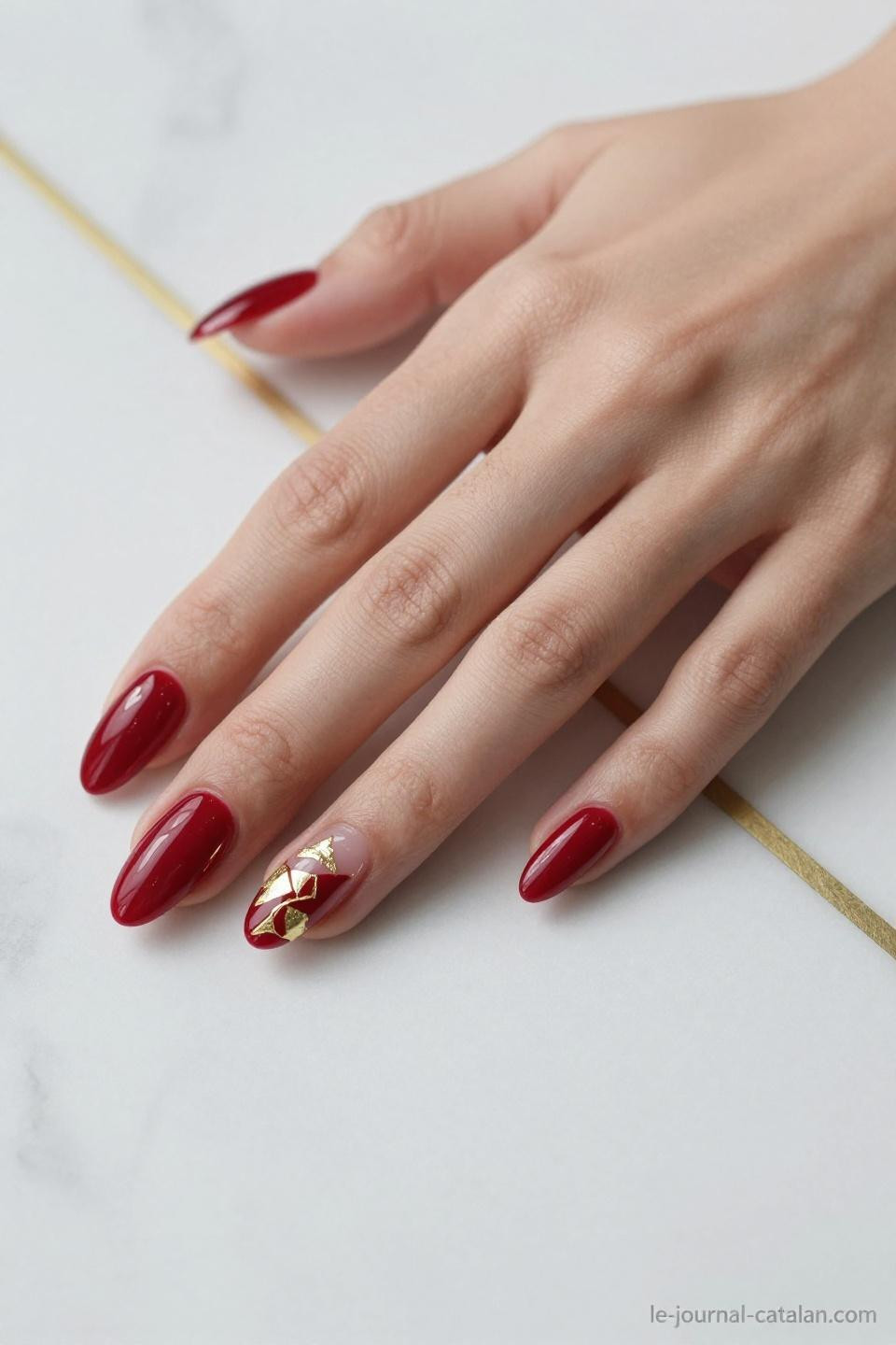 Red Almond Nails gold foil accent geometric nail art cherry red