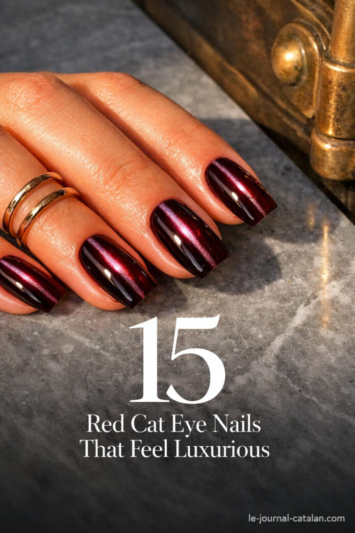 Cherry cat eye nails with glass finish and reflective burgundy shine, featuring dark feminine nail art design for elegant manicure inspiration