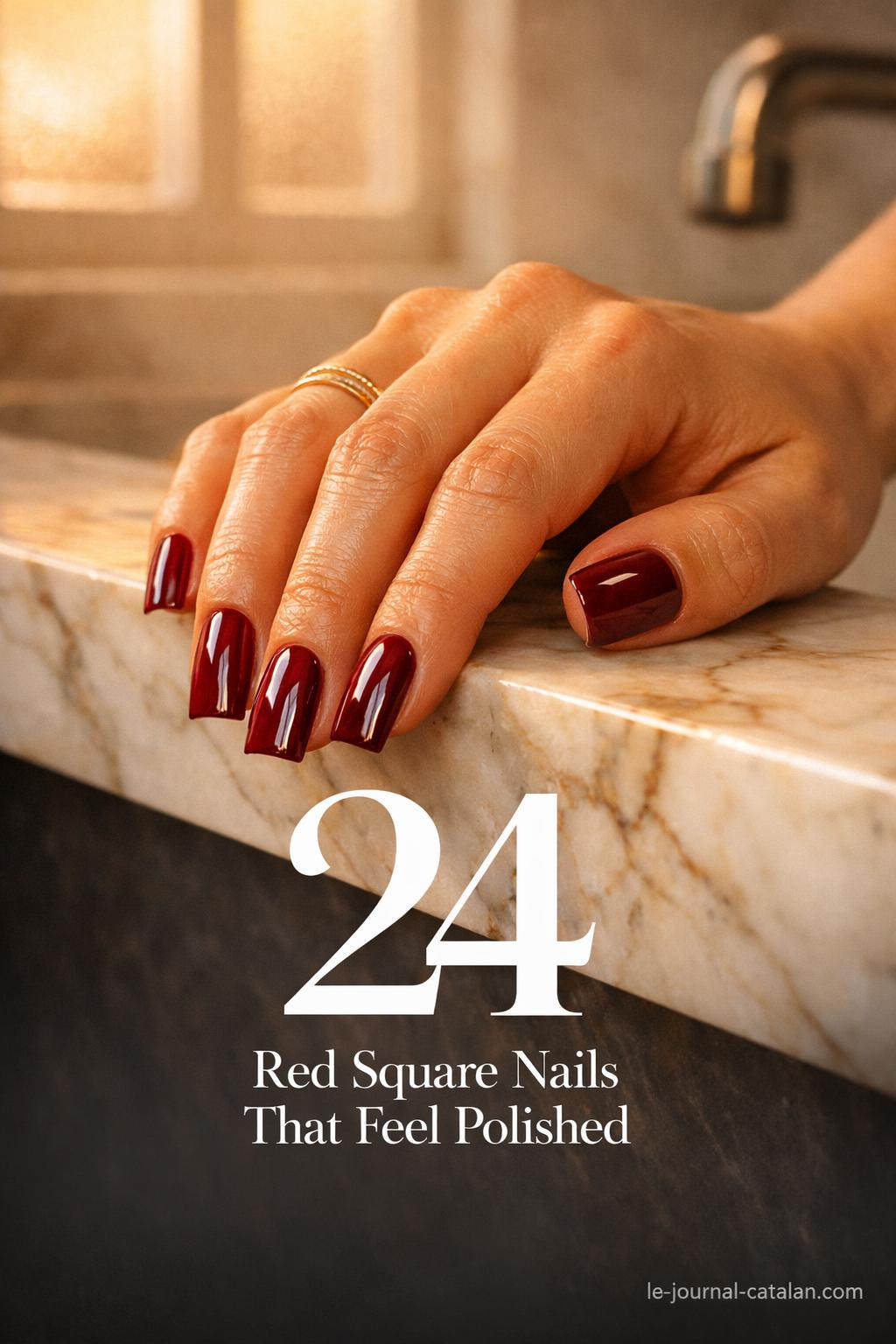 Elegant red square nails featuring a sophisticated cherry red finish with polished square nail designs for a refined manicure look