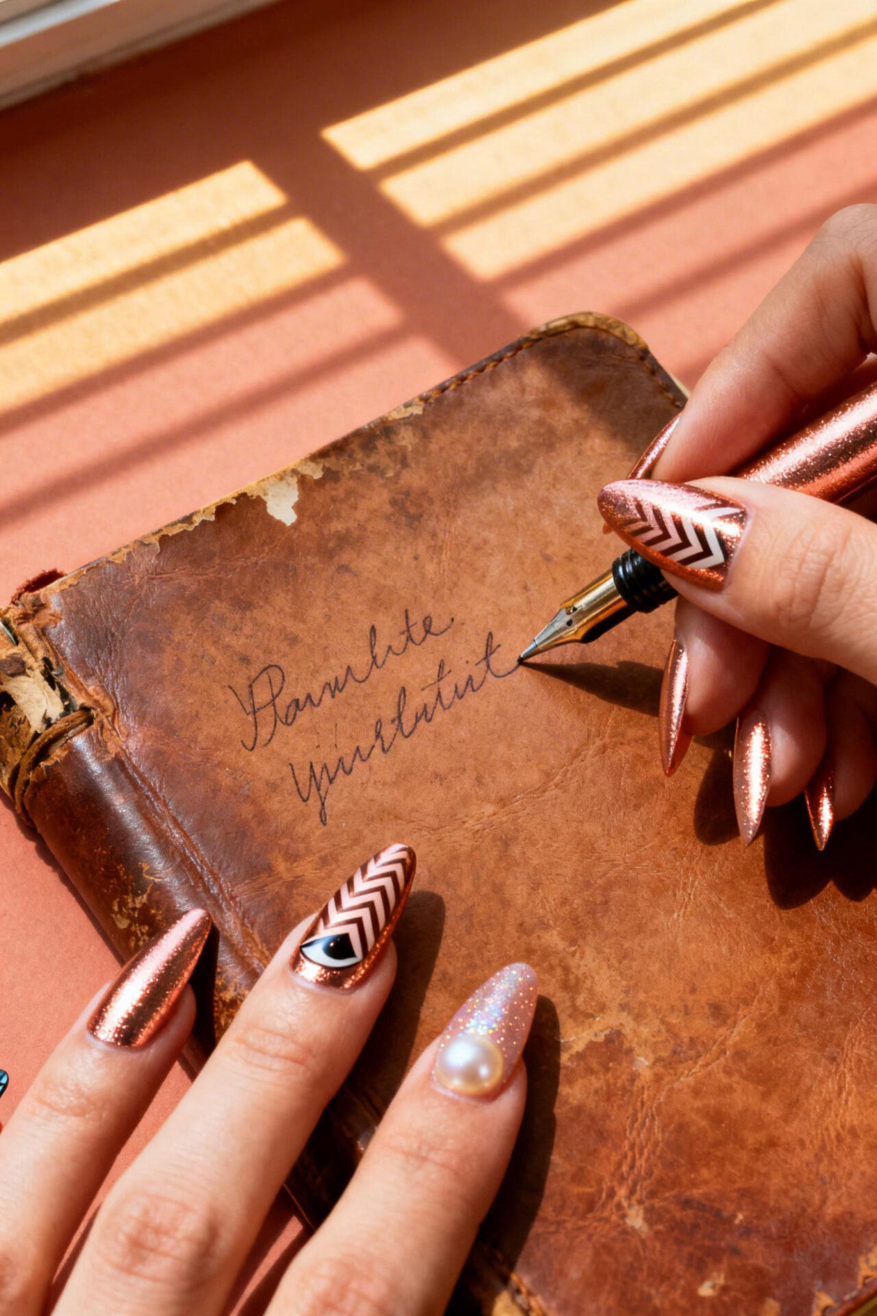 rose gold cat eye nails coffin pearl