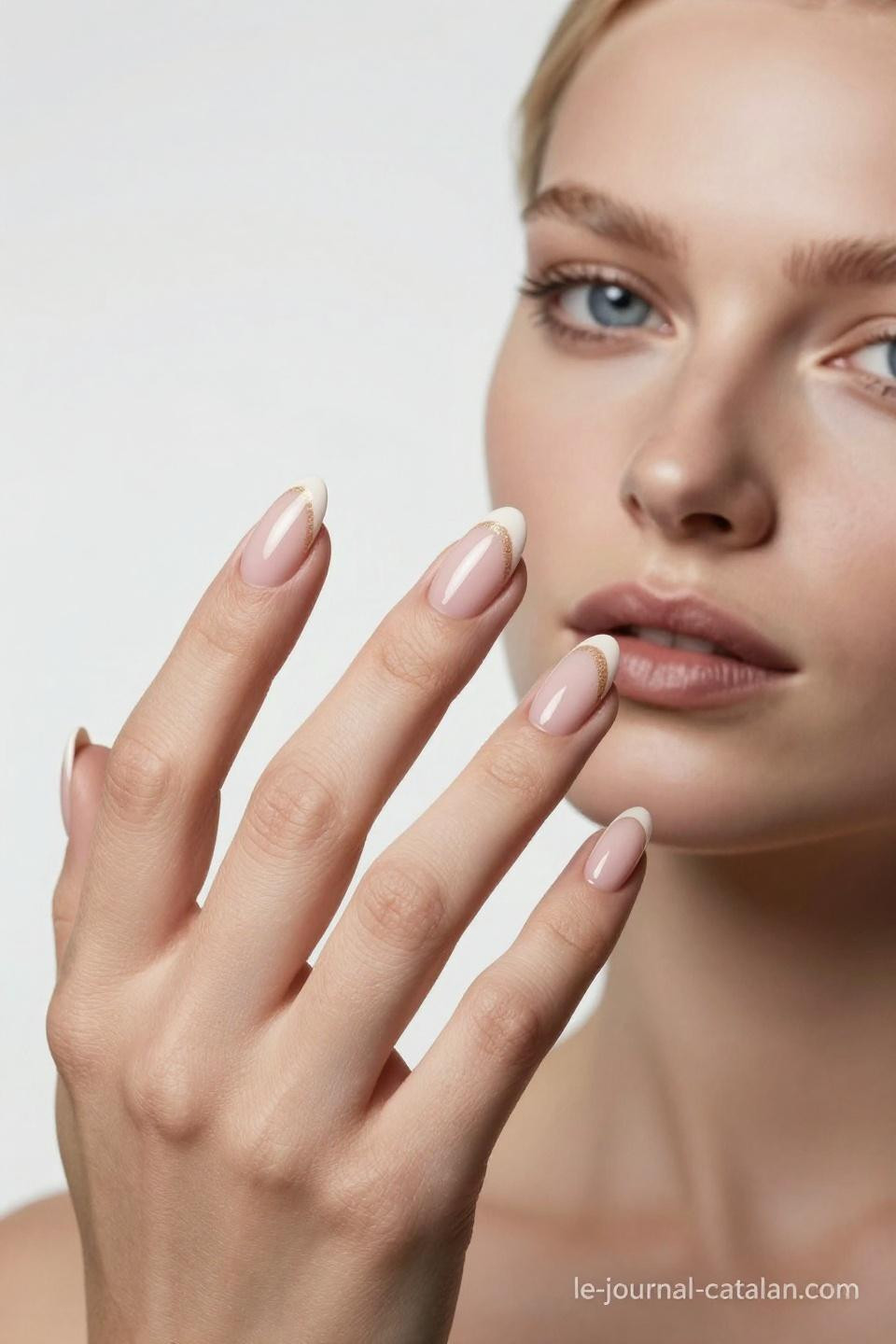 Short almond nails with sheer nude blush and champagne shimmer finish