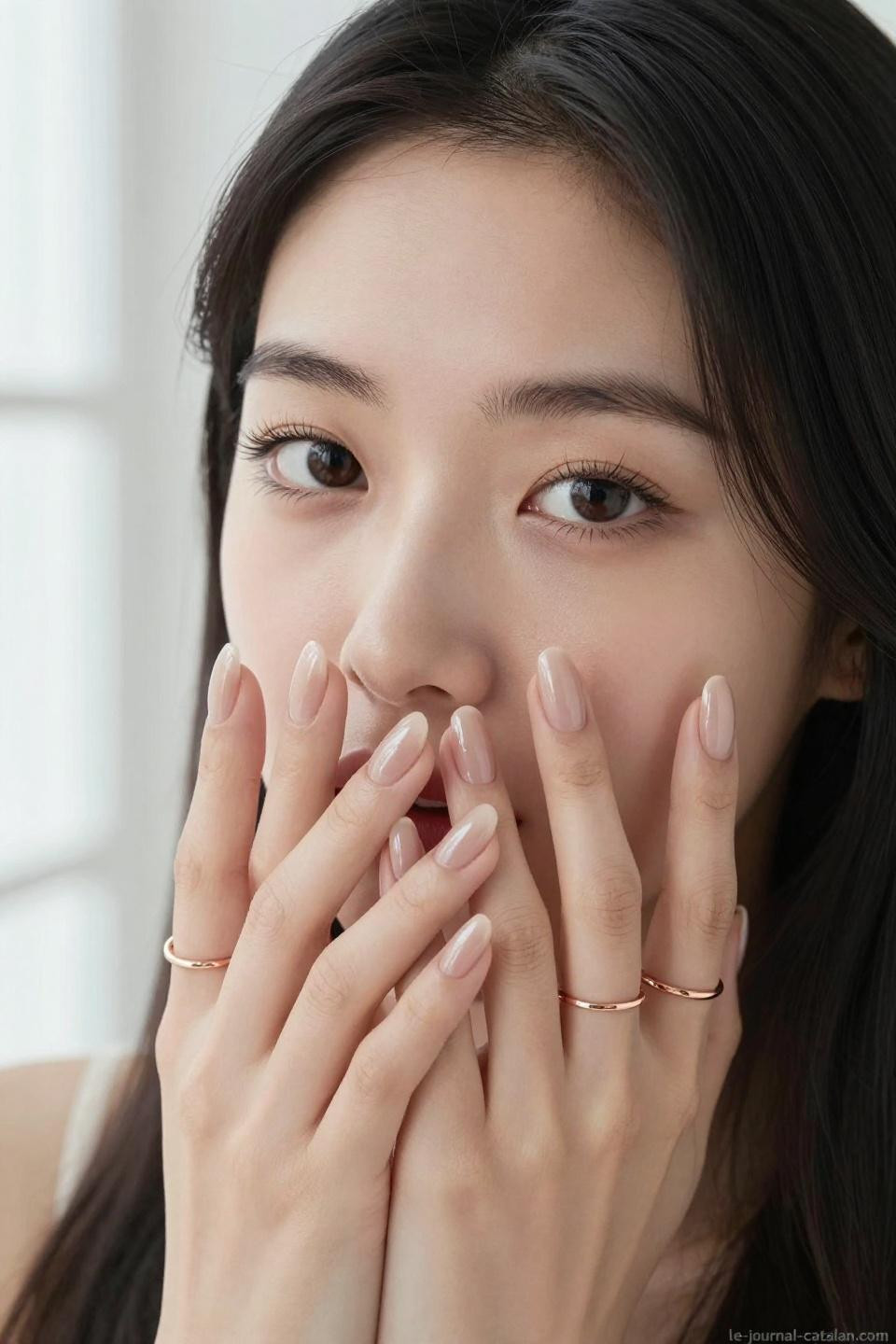 Short round almond nails with nude beige gel polish and flawless cuticle work