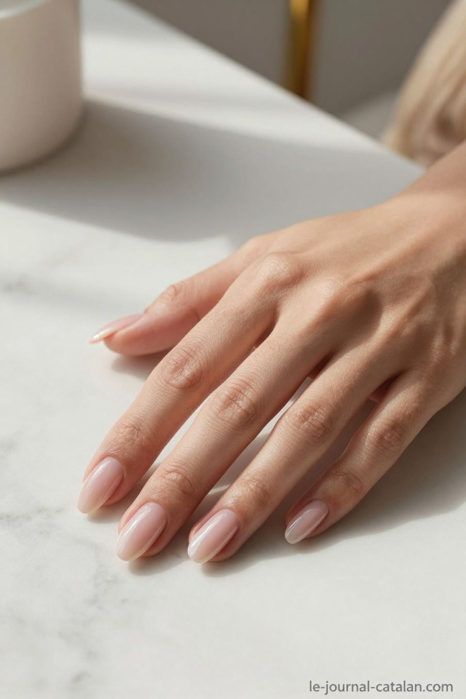 Short almond nails with nude rose gel polish and pearl shimmer finish on porcelain skin