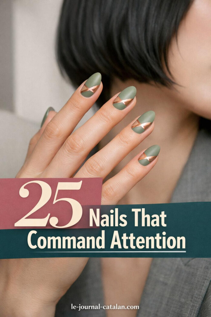 Single photograph showcasing sage green manicure with geometric negative space design and rose gold metallic accents on delicate hands