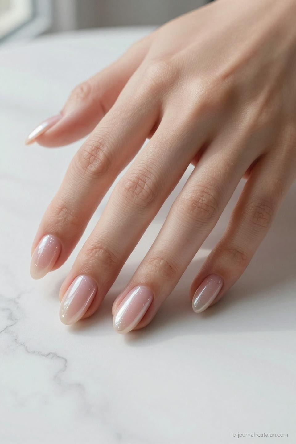 Short almond nails with nude pink base and subtle pearl shimmer on marble surface