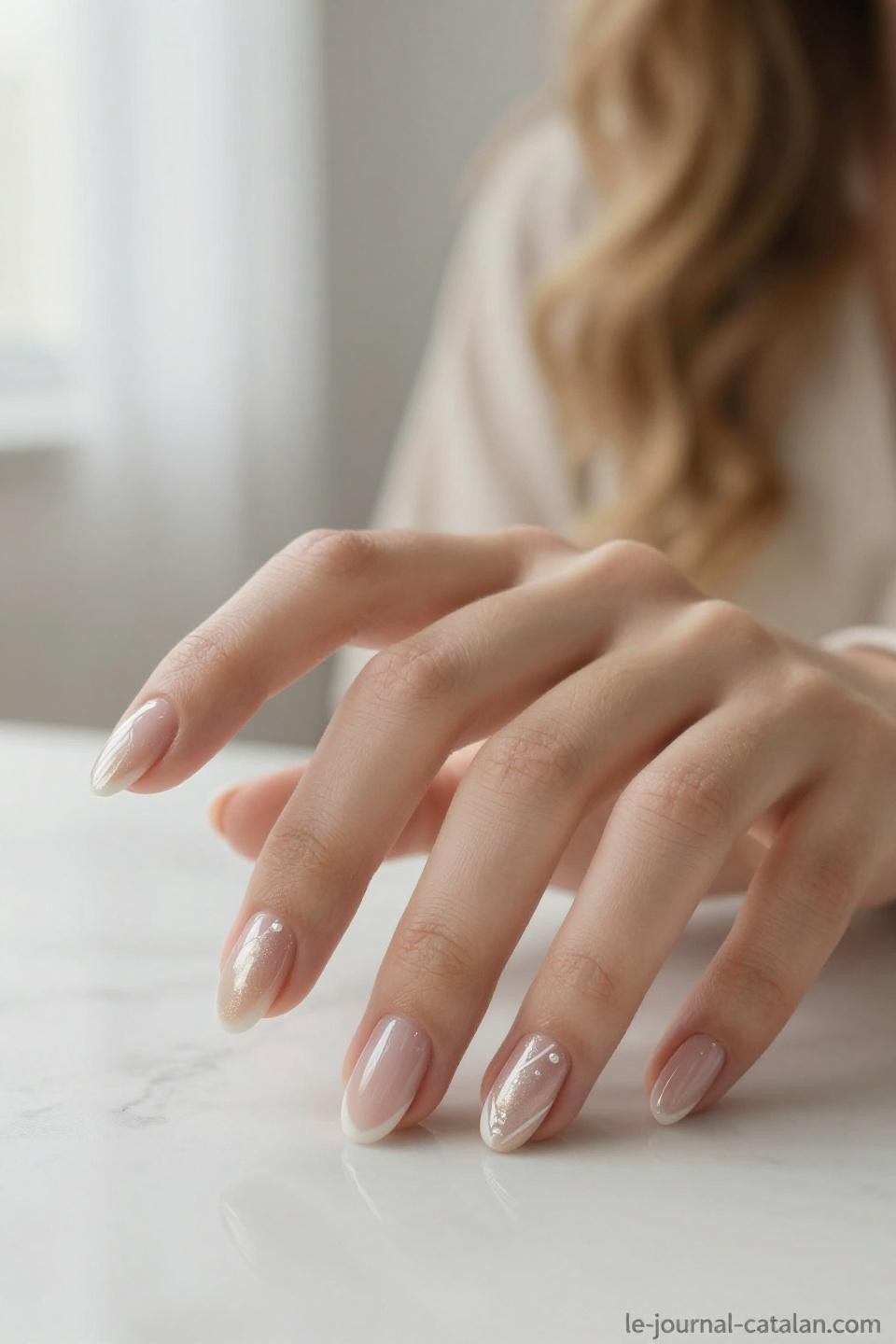 Short oval almond nails with nude base and minimalist white geometric accent art
