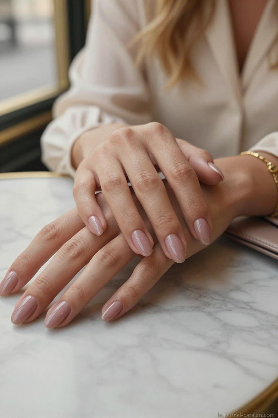 Short almond nails with classic nude and white French tips in natural sunlight