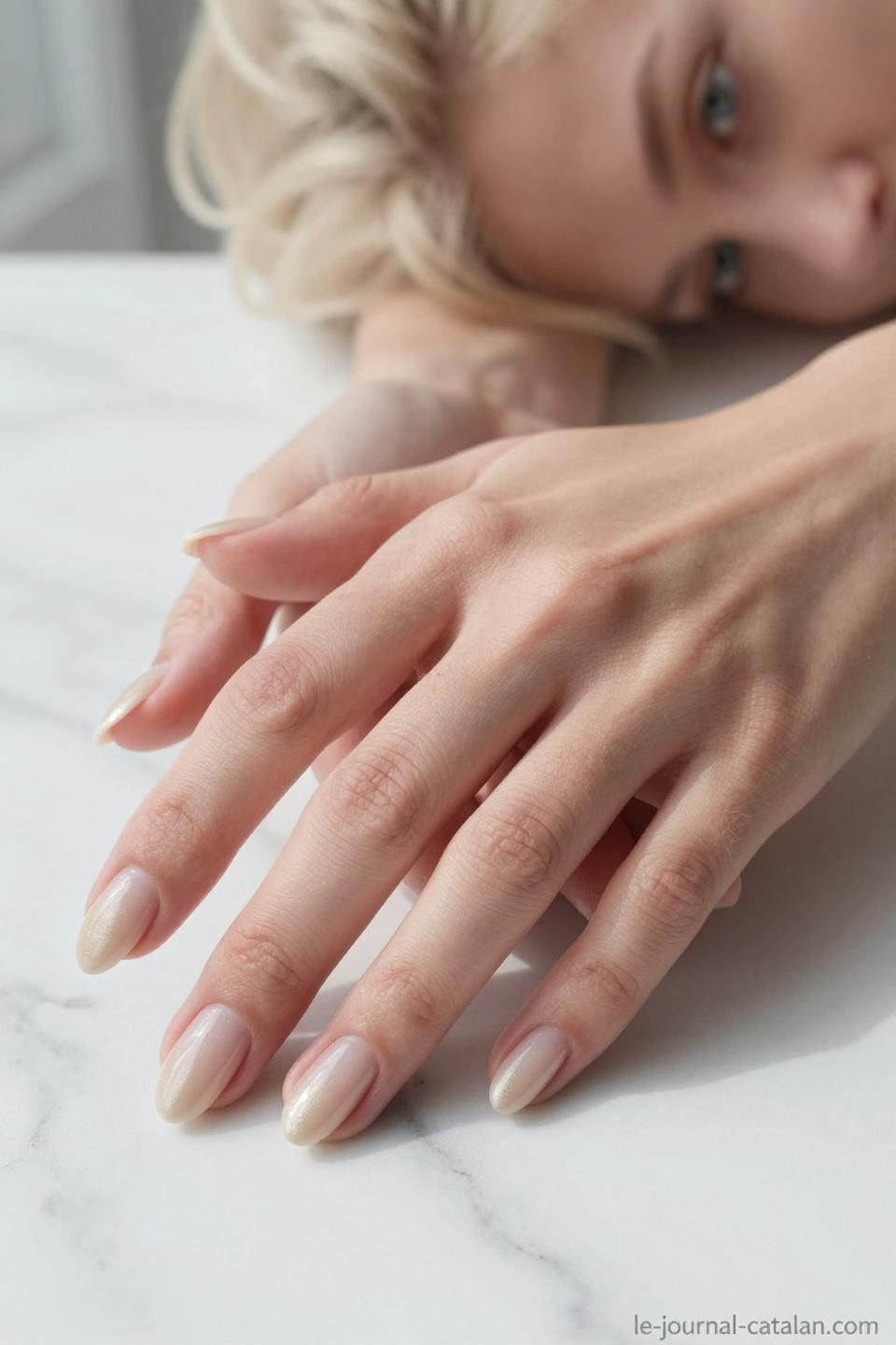 Short almond nails with nude beige gel and subtle champagne shimmer