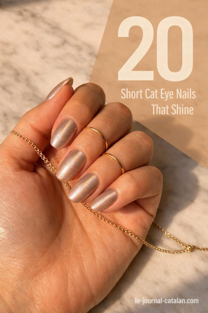 Short Cat Eye Nails - Elegant Design Short nail designs featuring cat eye manicure with neutral polish and magnetic effect creating a sleek striped pattern on natural nails