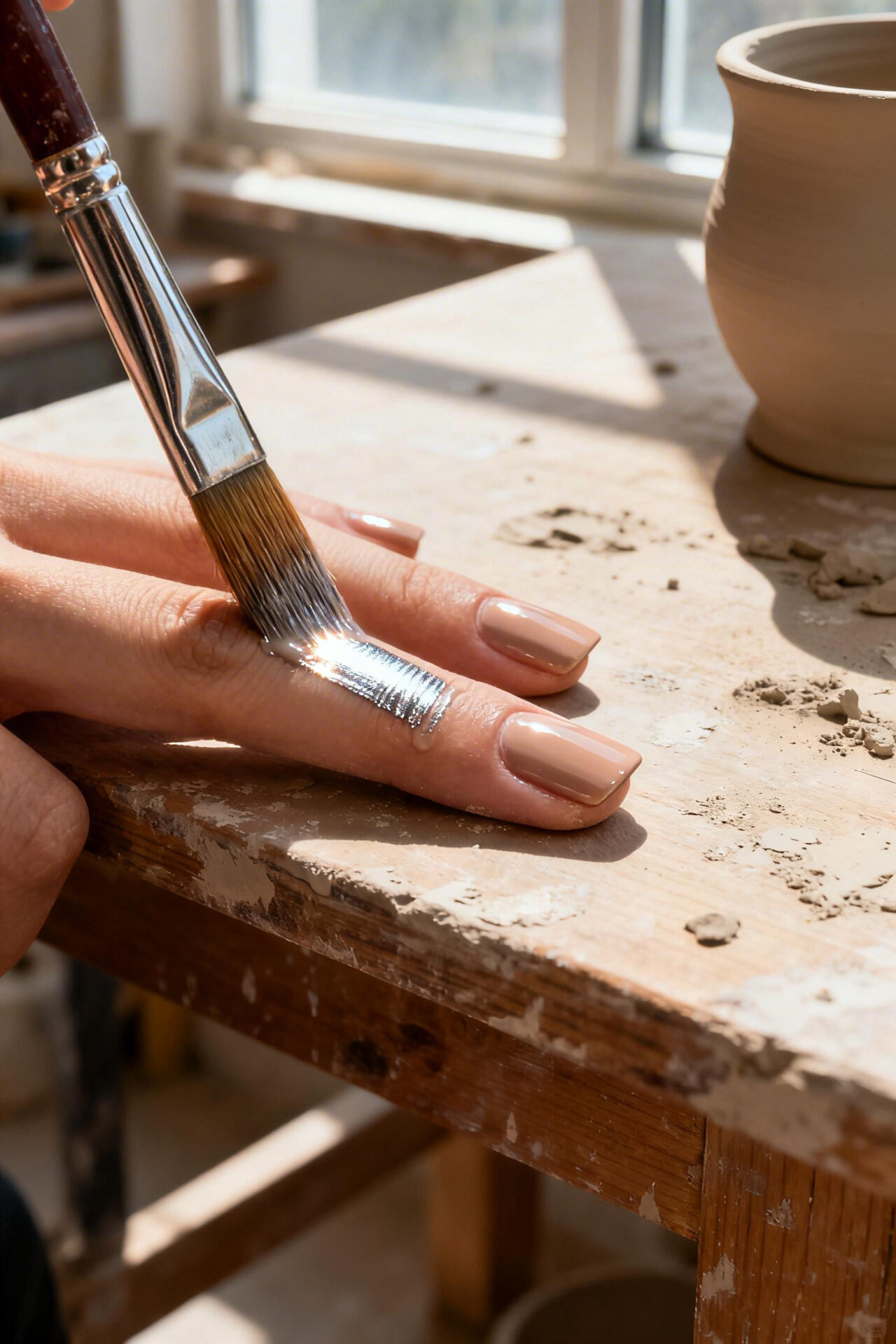 Neutral Cat Eye Nails - sand glazed chrome