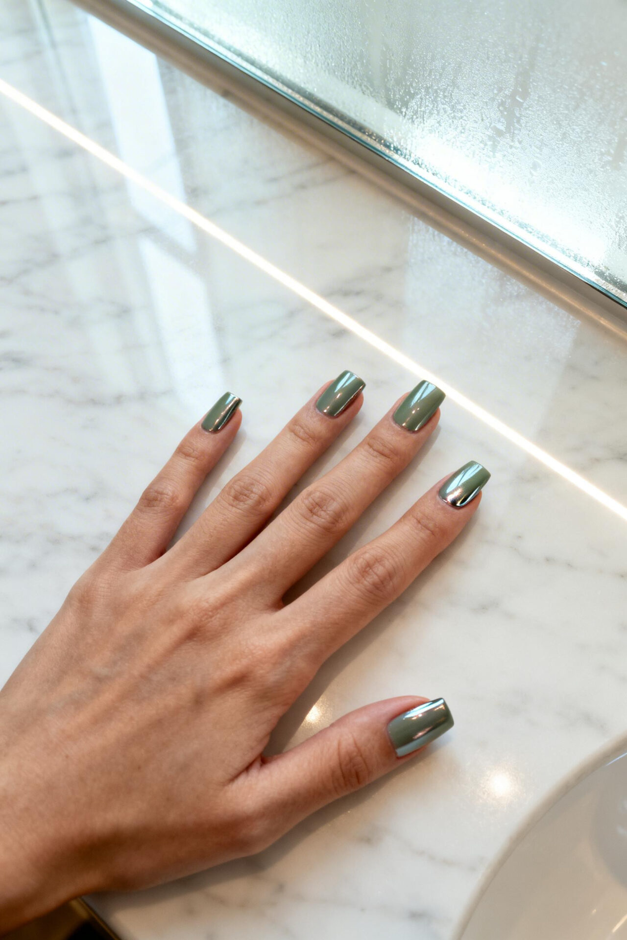 Nude Cat Eye Nails - sage chrome square