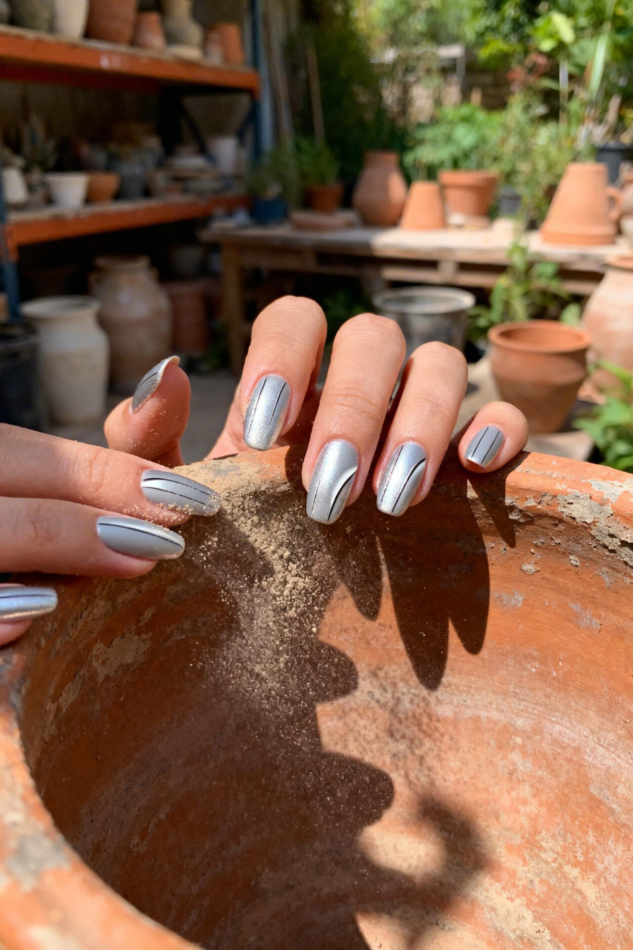 platinum silver cat eye nails almond matte