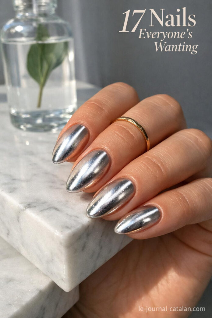 Silver Cat Eye Nails - Elegant Design Ideas Silver cat eye nails with elegant design featuring reflective effect and sophisticated finish for stylish manicure inspiration