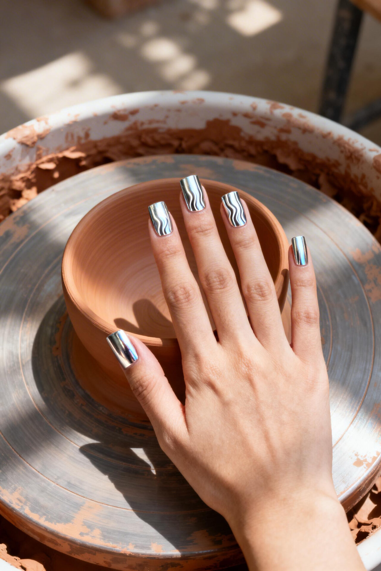 platinum silver cat eye nails short square