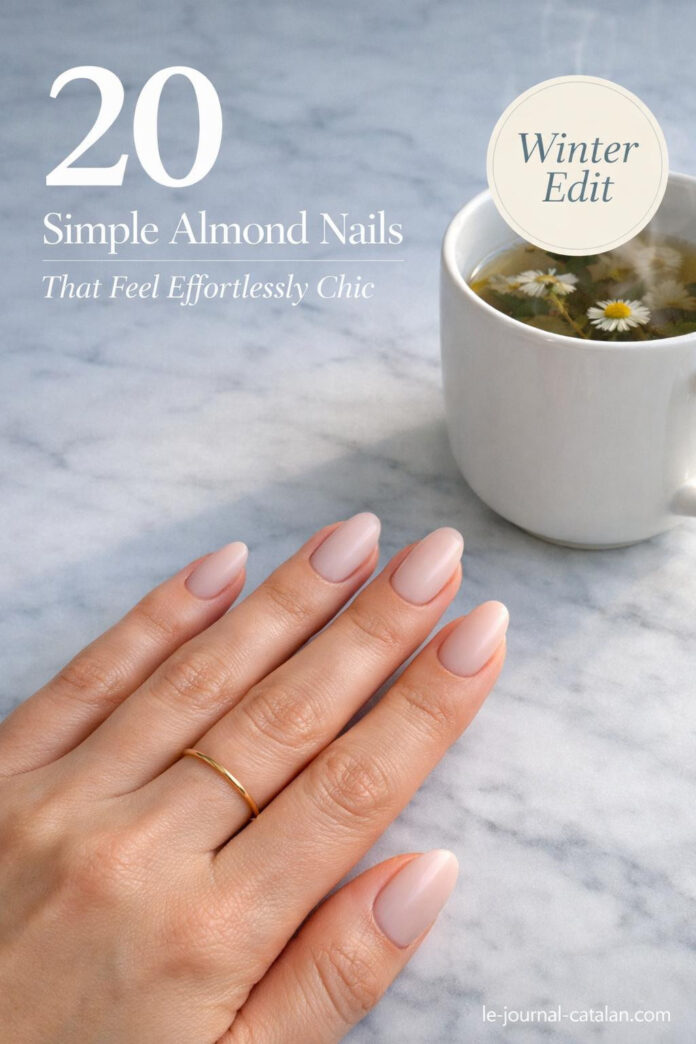 Pretty almond-shaped nails with minimalist design, featuring clean lines and neutral tones for an elegant everyday manicure look