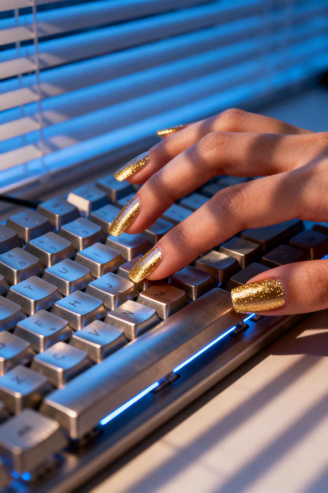 Long Square Nails - champagne gold metallic