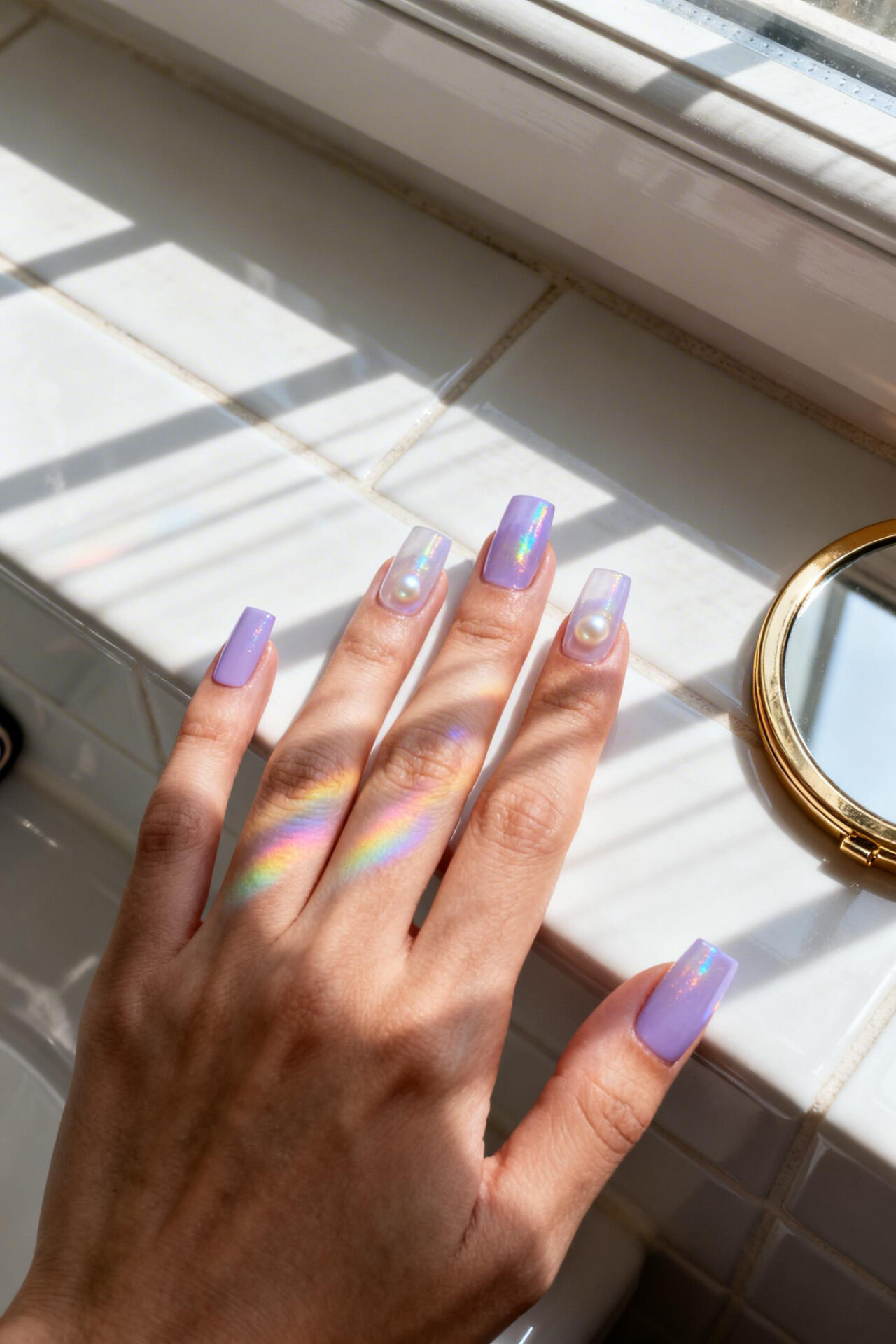 Summer Acrylic Nails - lavender pearl shimmer