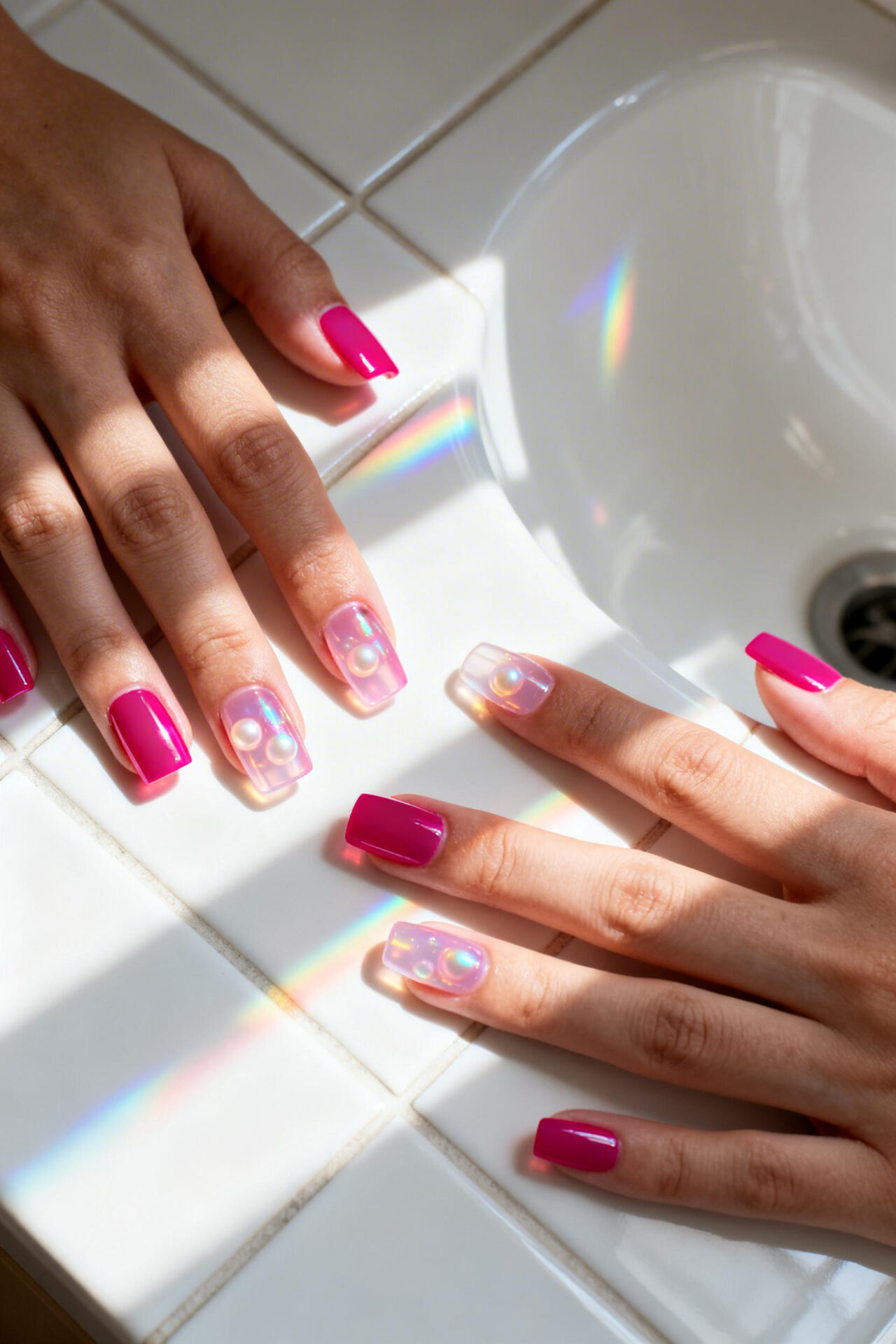 Summer Acrylic Nails - magenta jelly shimmer