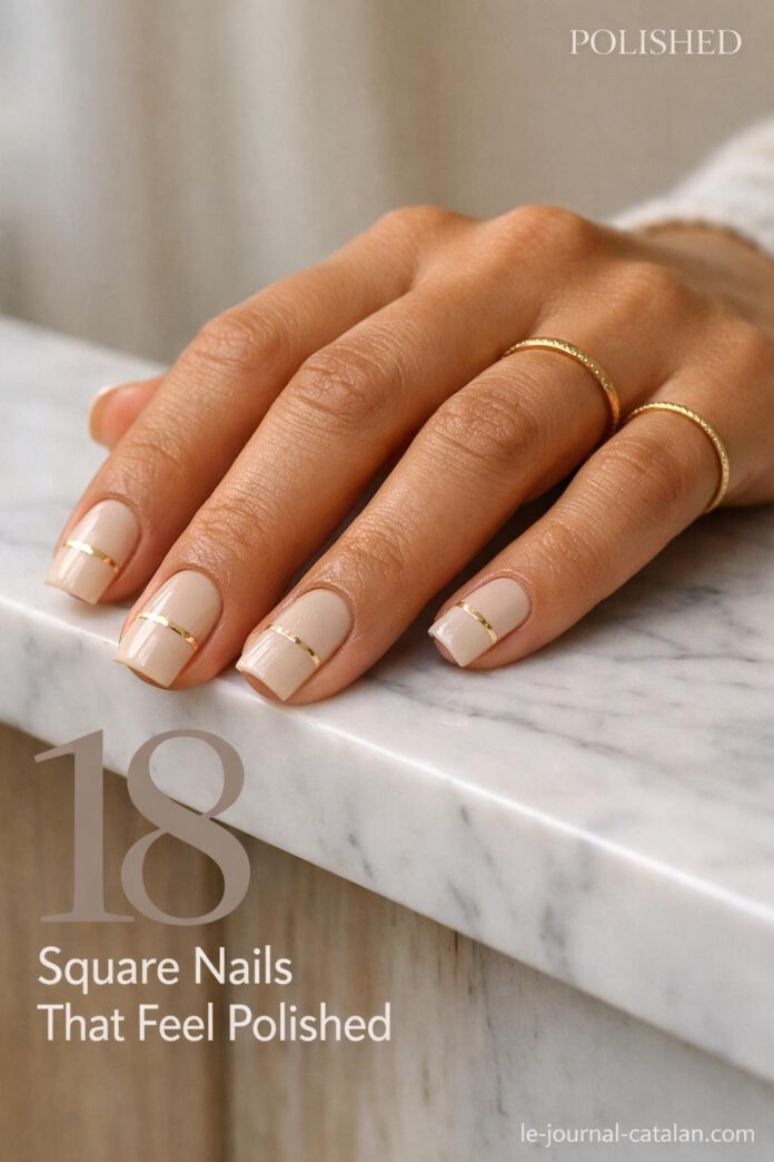 Square Acrylic Nails - Modern Geometric Style Short square nails featuring elegant geometric design with neutral tones and smooth finish for a contemporary manicure look