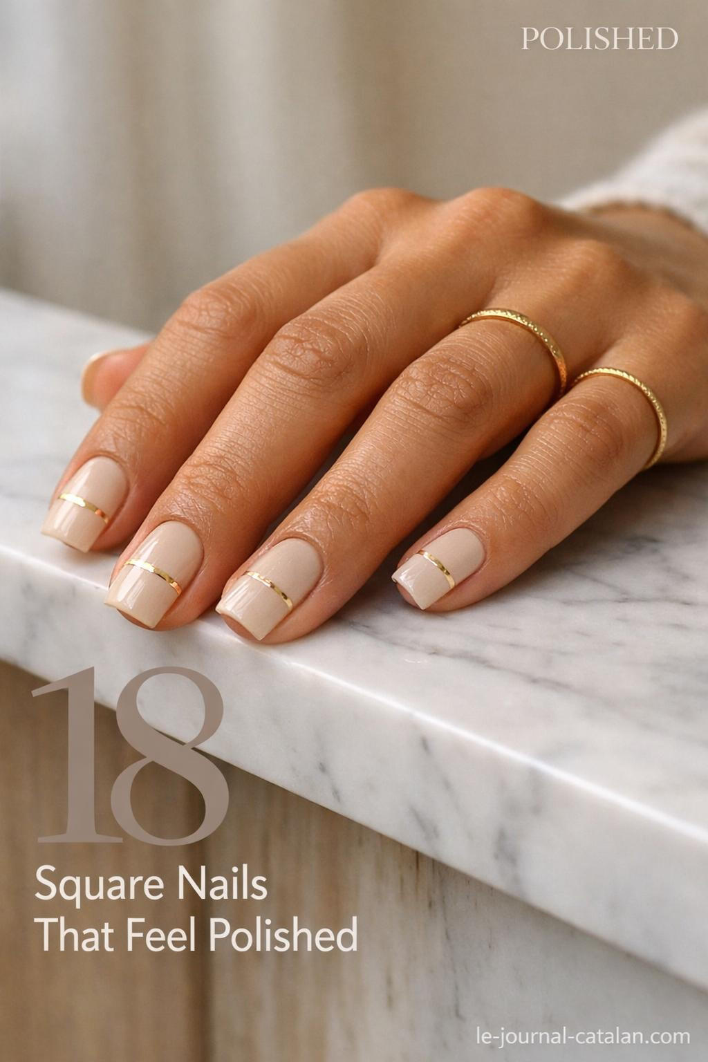 Short square nails featuring elegant geometric design with neutral tones and smooth finish for a contemporary manicure look