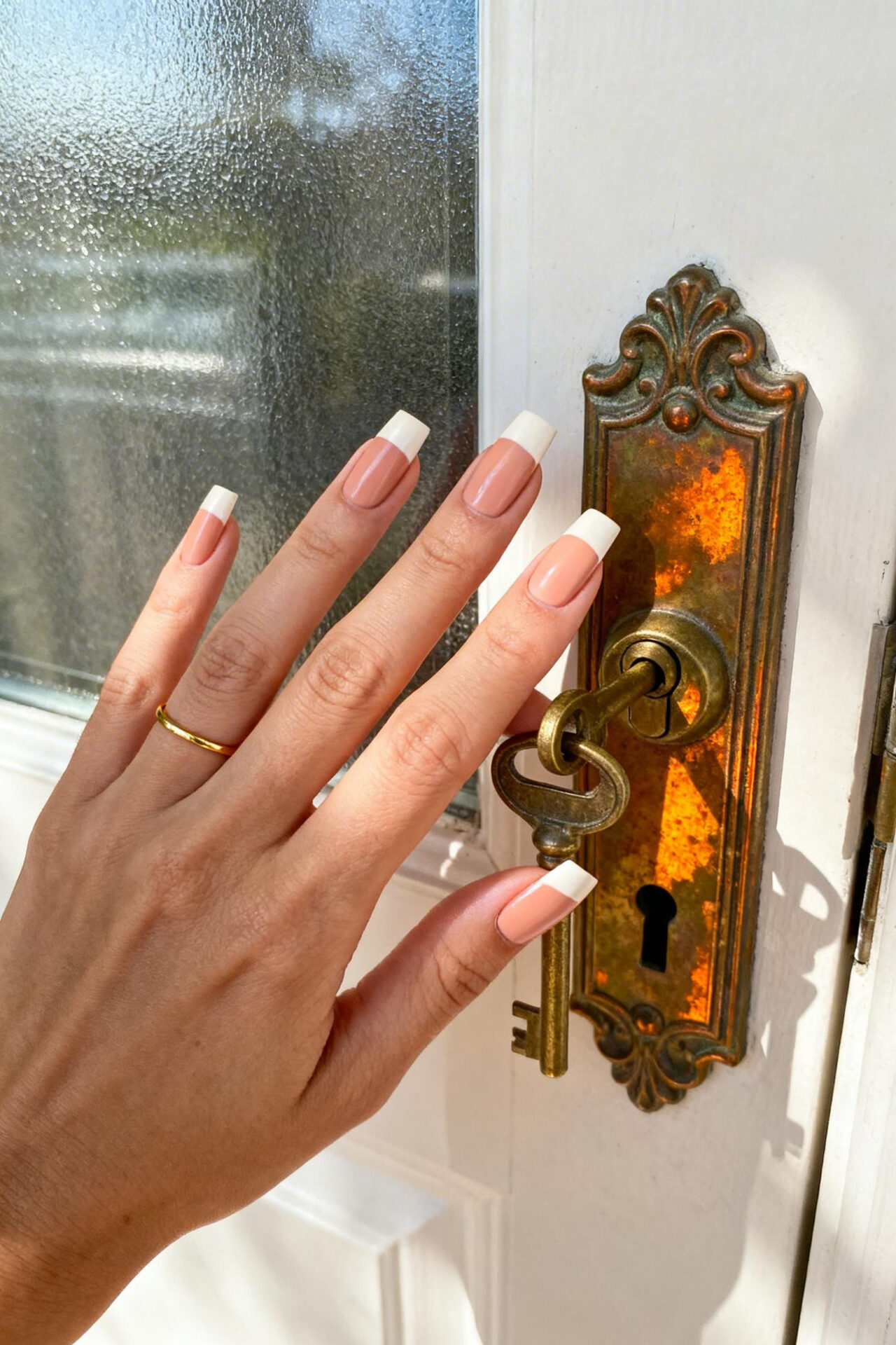 Square French Tip Acrylic Nails - peachy nude matte