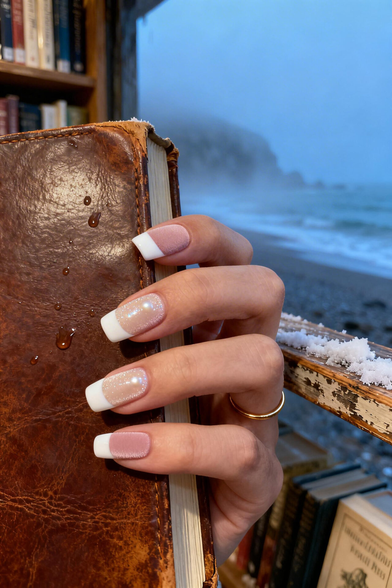 Square French Tip Acrylic Nails - matte pearl finish