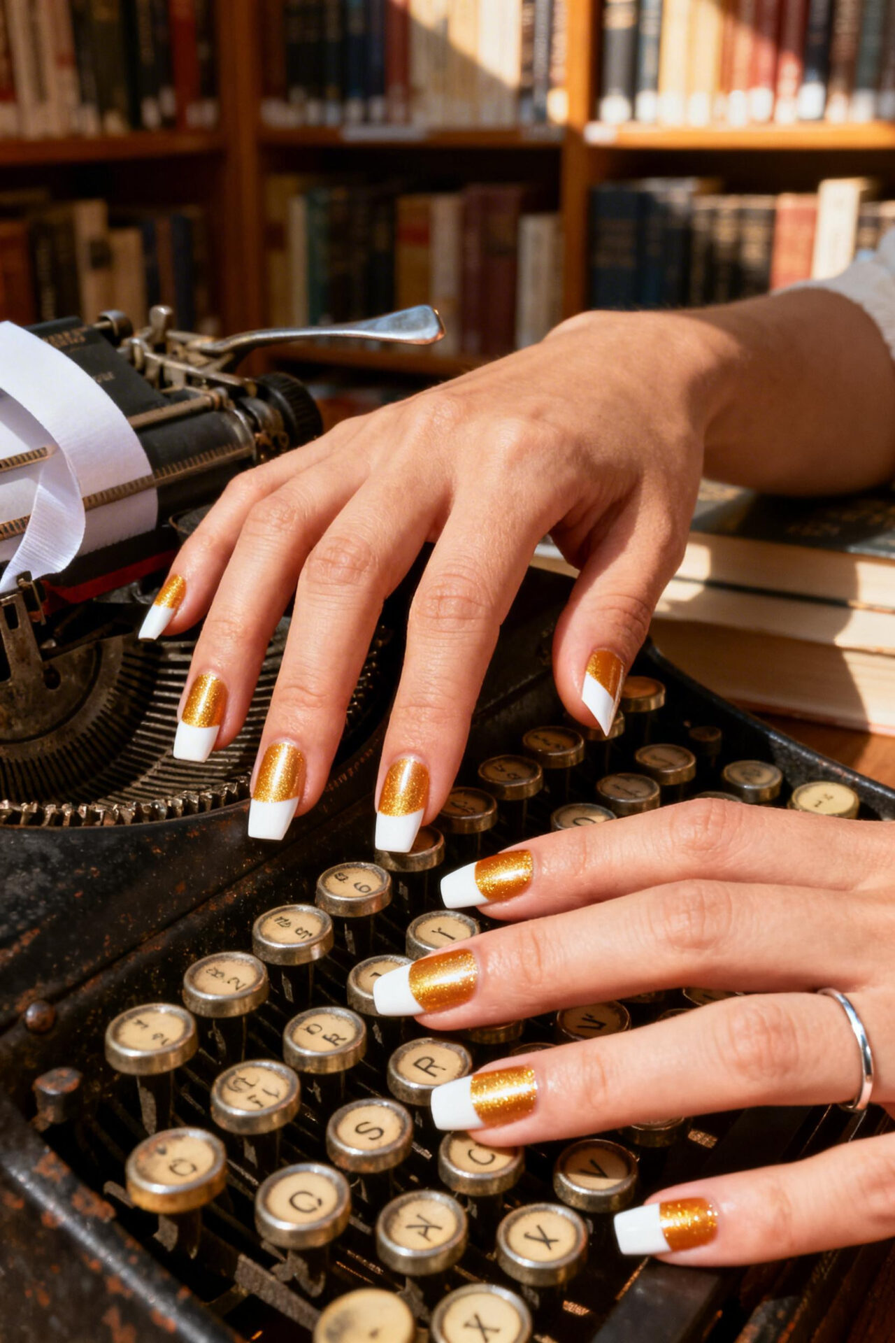 Square French Tip Acrylic Nails - champagne vintage style