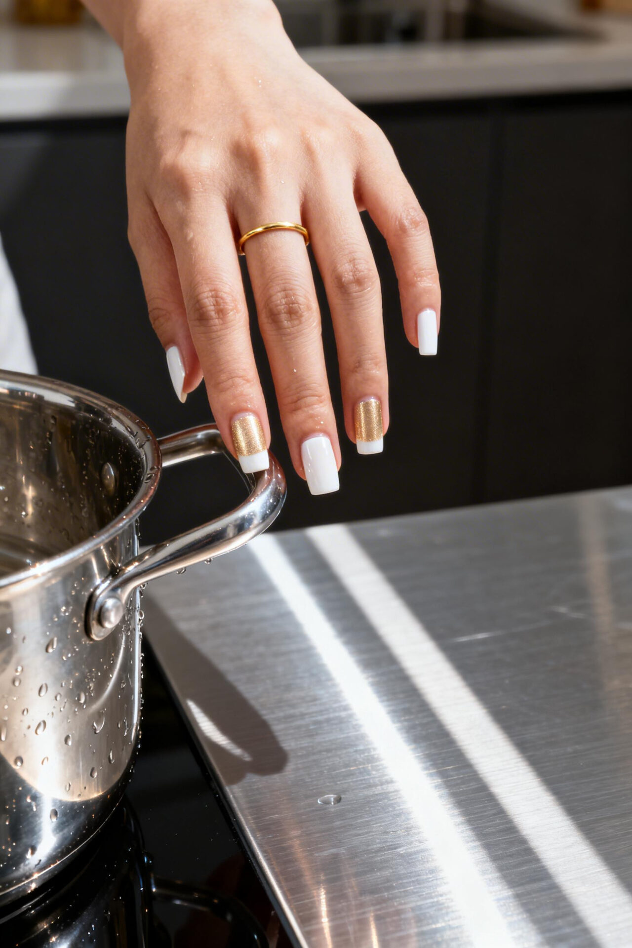 Square French Tip Acrylic Nails - gold base white tips