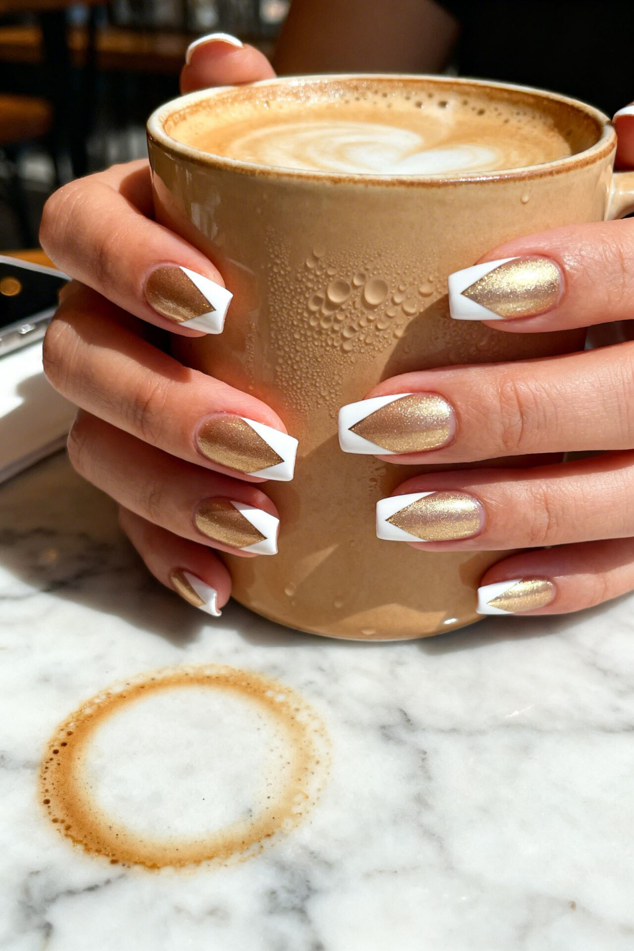 Square French Tip Acrylic Nails - latte moment style