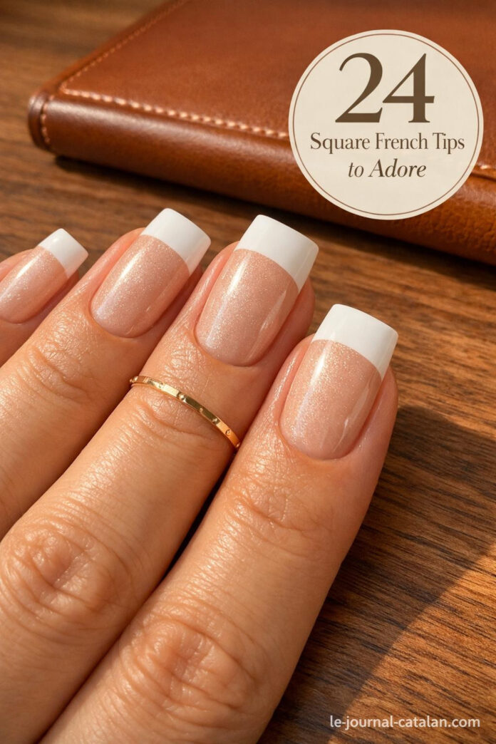 Short square acrylic nails with white French tip design, featuring elegant nail art inspiration for sophisticated nail styles
