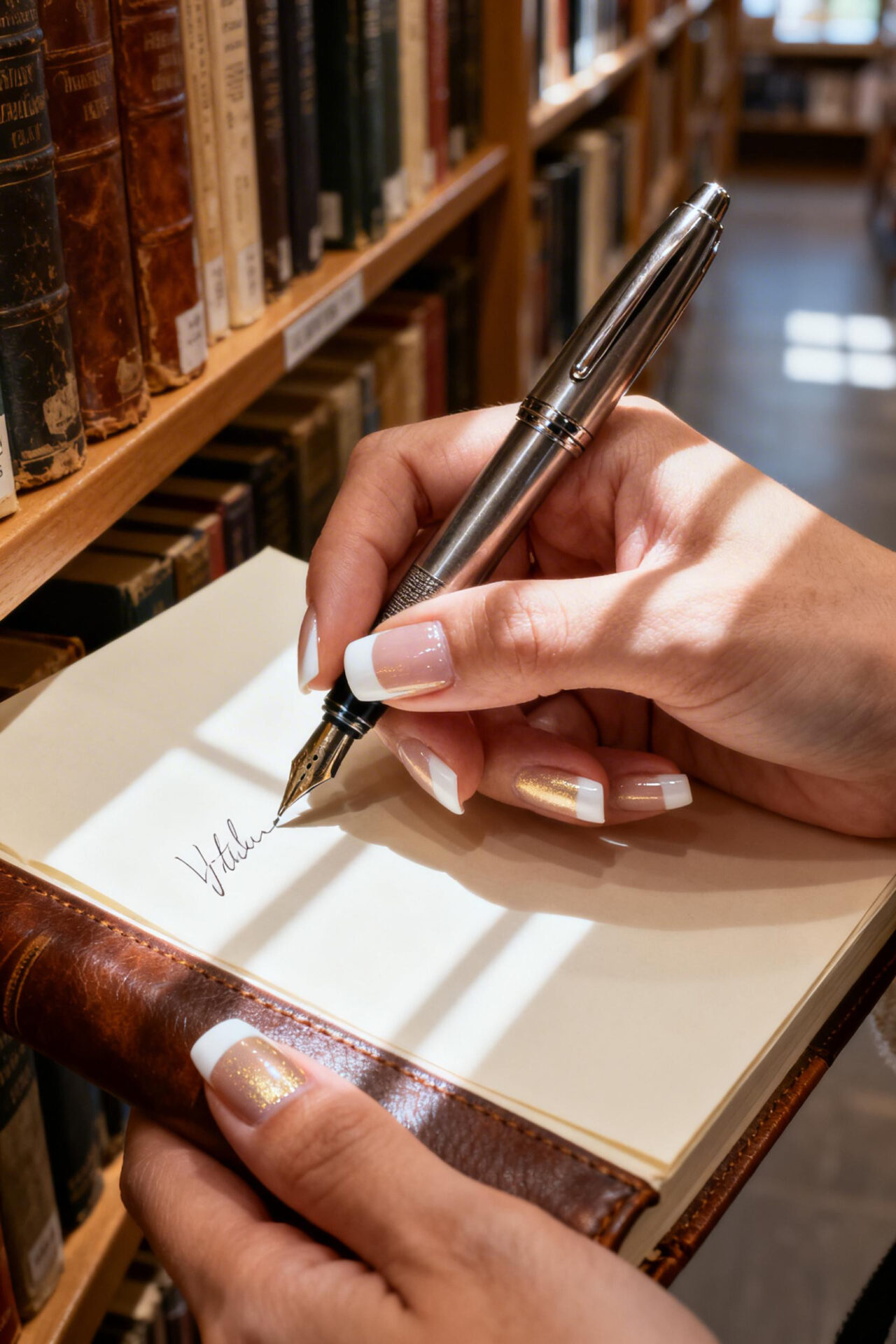 Square French Tip Acrylic Nails - champagne writing style