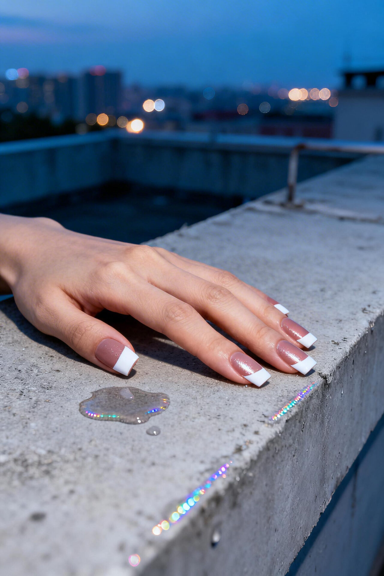 Square French Tip Acrylic Nails - dusty rose shimmer