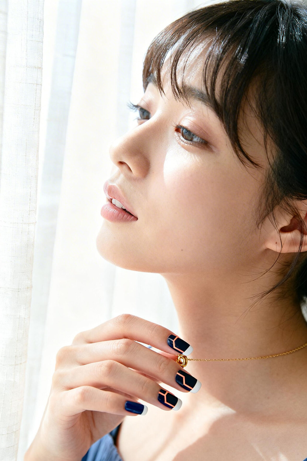 Square French Tip Acrylic Nails - indigo coral accent