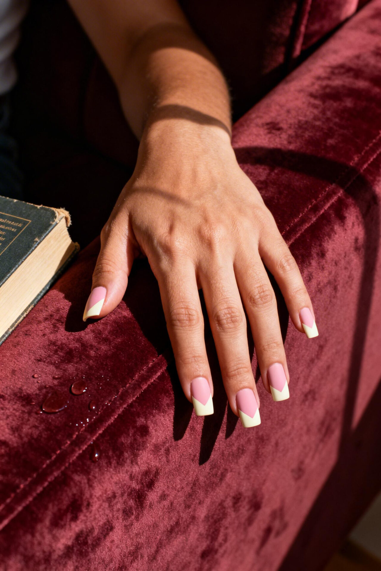 Square French Tip Acrylic Nails - pink powder velvet