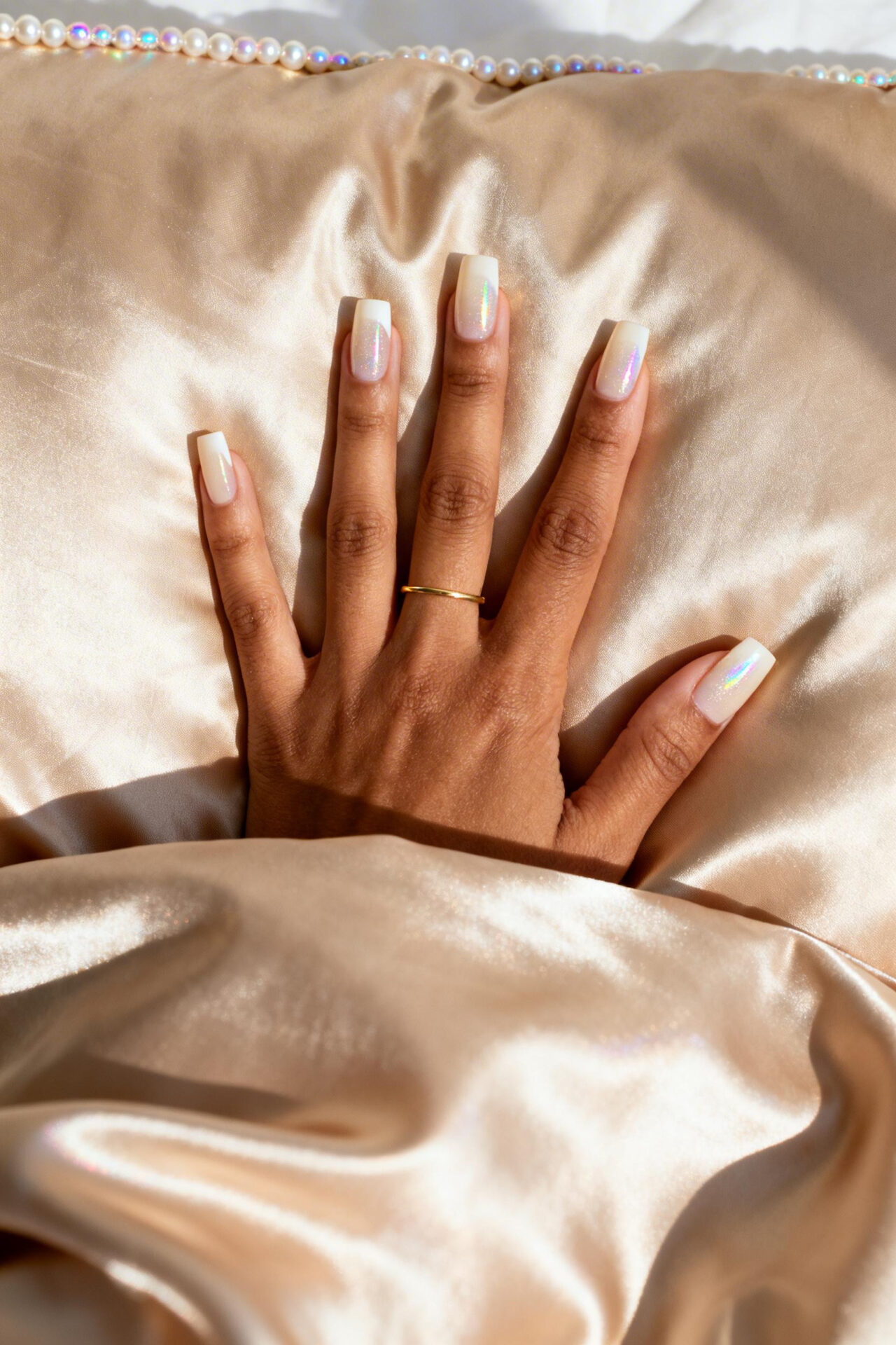 Square French Tip Acrylic Nails - pearl shimmer finish