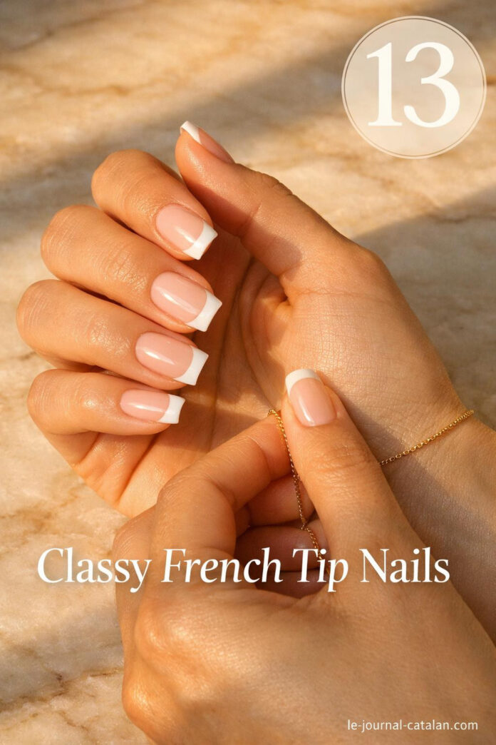 Short classy square nails with white French tip manicure design featuring elegant nail art on natural nail beds