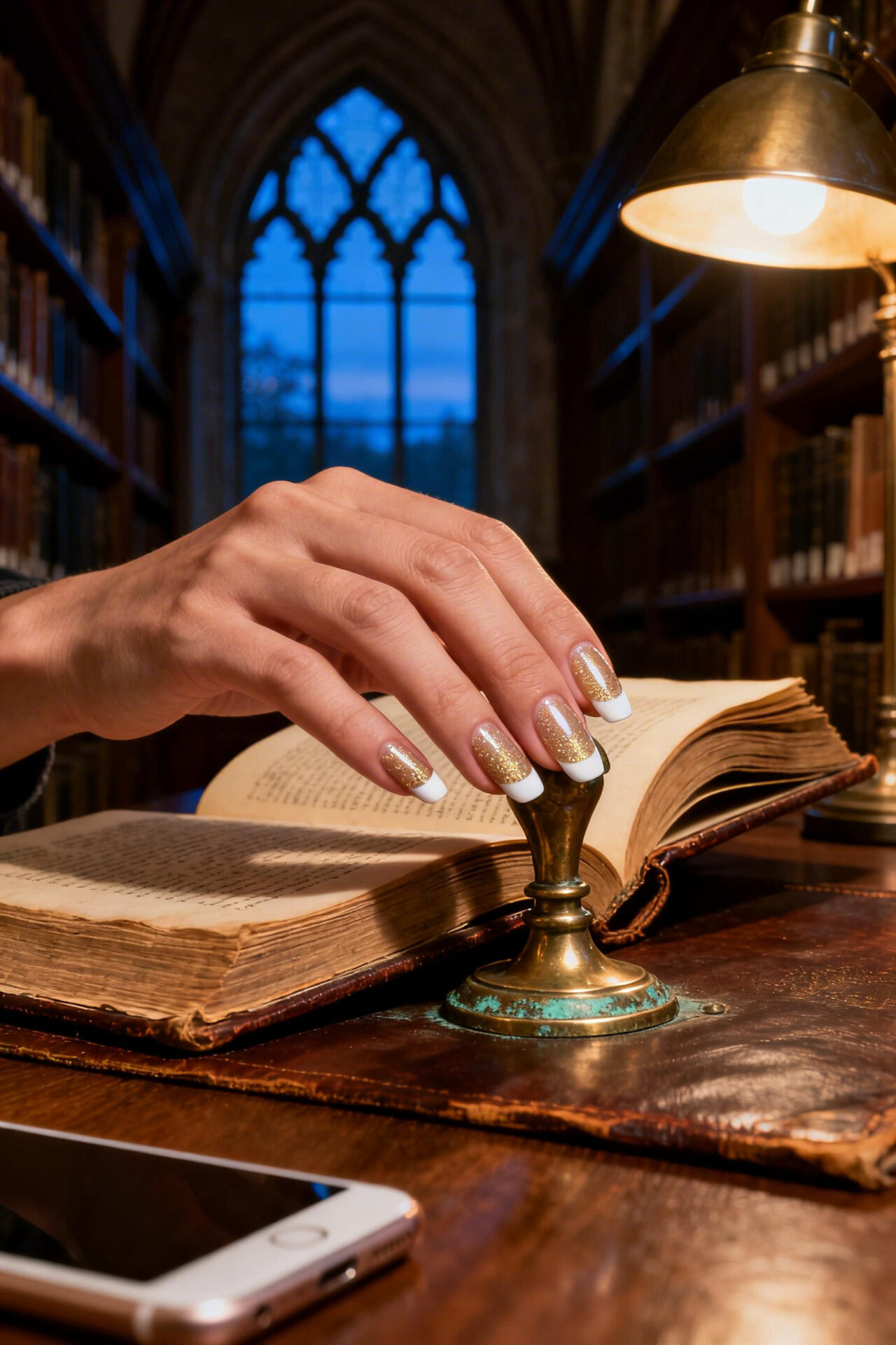 Square French Tip Nails - gold shimmer