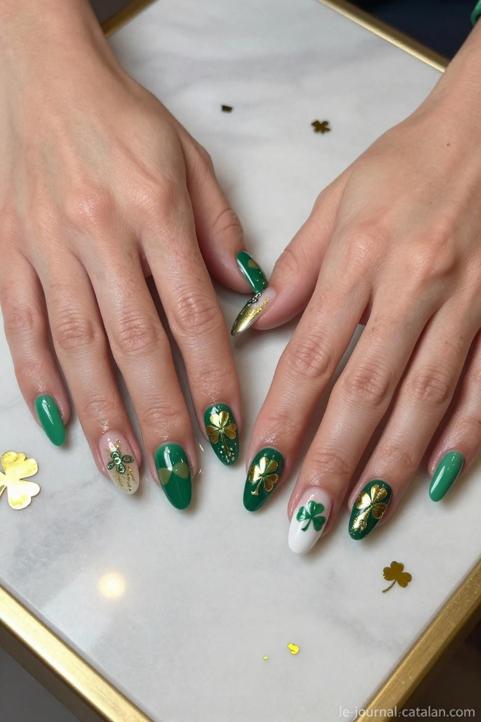 St Patricks Day Nails Design St Pats featuring Celtic knot patterns with gold chrome accents