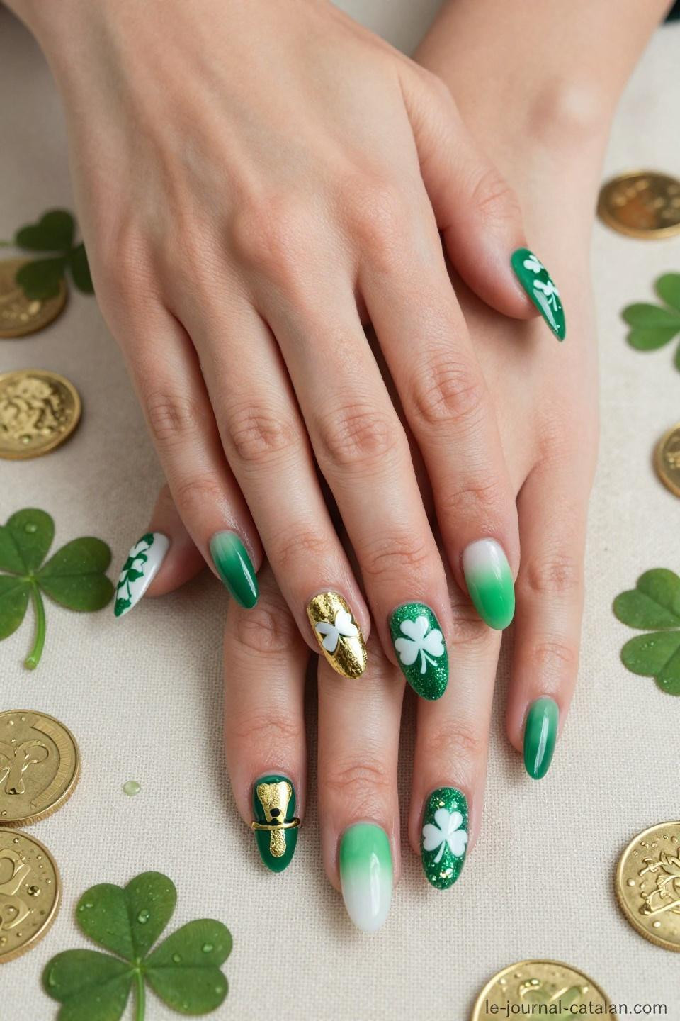 St Pats Nails coffin acrylic with shamrock art displayed in festive flat lay with gold coins