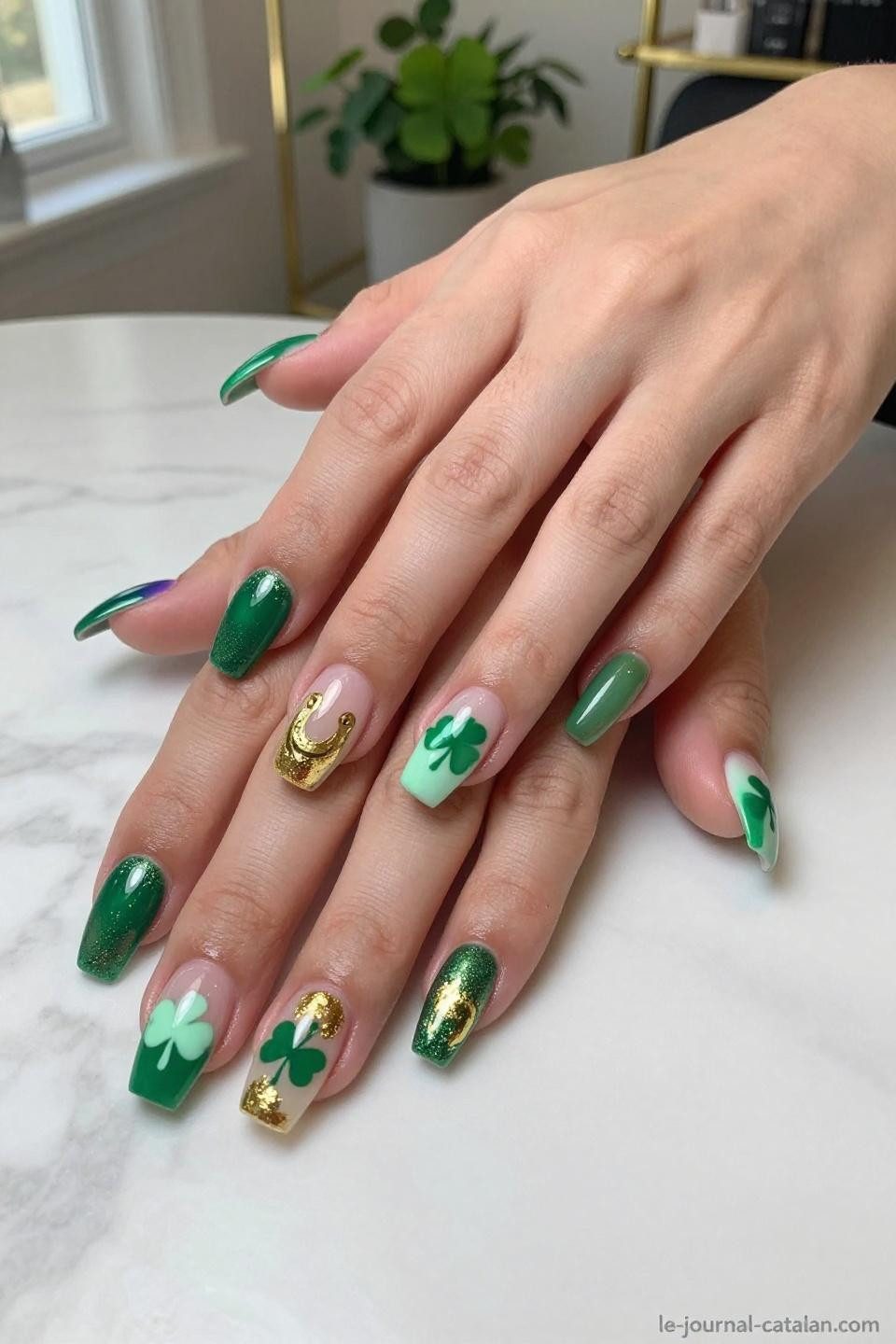 St Patrick Day Nails Acrylic emerald green coffin shape with hand-painted shamrocks and gold foil accents