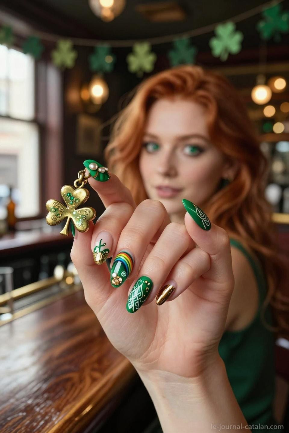 St Patricks Day Nails Design Simple featuring kelly green base with hand-painted gold shamrocks and rainbow accents