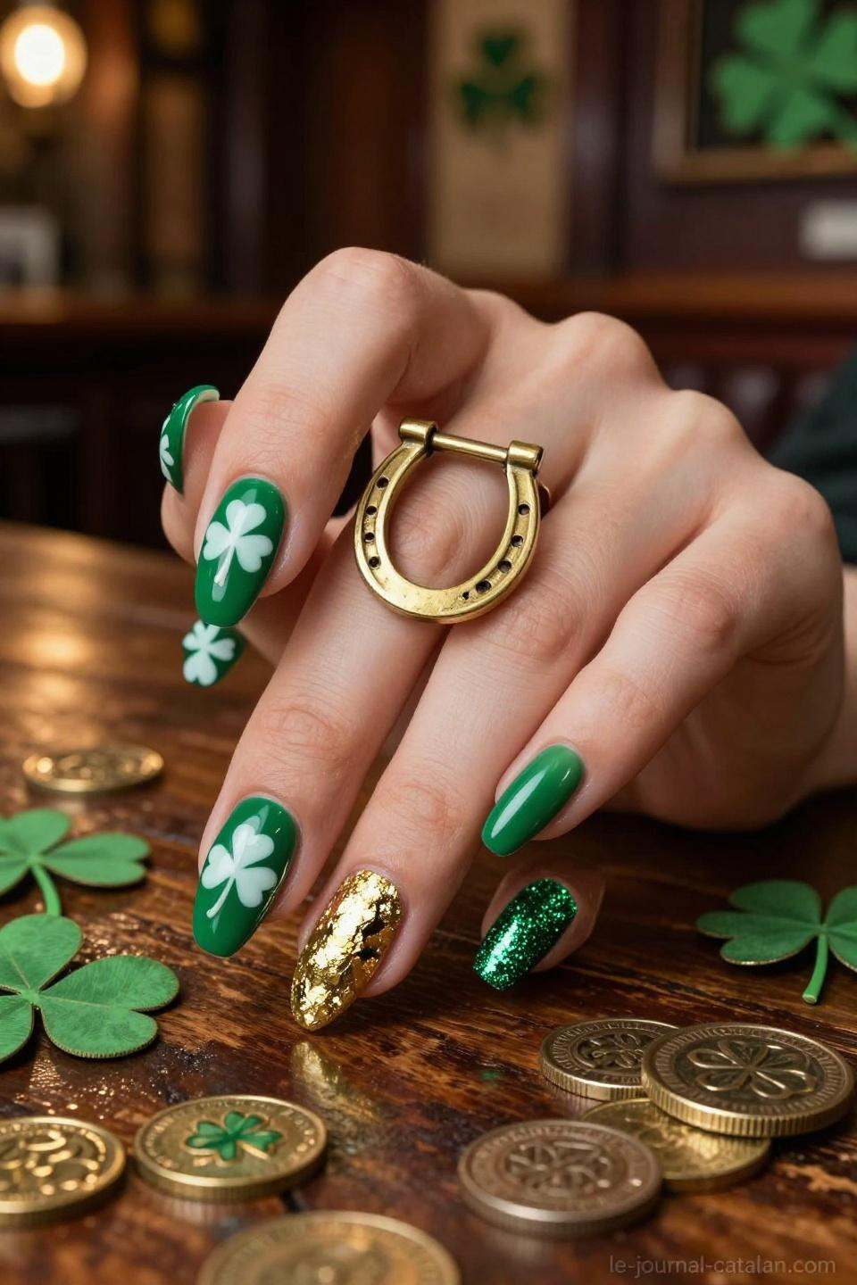 St Patricks Day Nails Design St Pats matte emerald finish with irregular gold foil placement